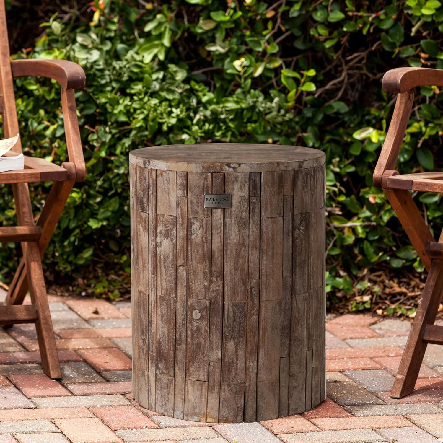 Balkene Home Elyse Round Rustic Garden Stool Wood Outdoor Seating & End Table Portable Outdoor Furniture Seasoned Patina Finish