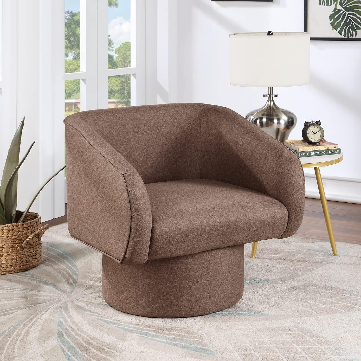 Poundex Round Base Swivel Fabric Accent Chair in Light Coffee color