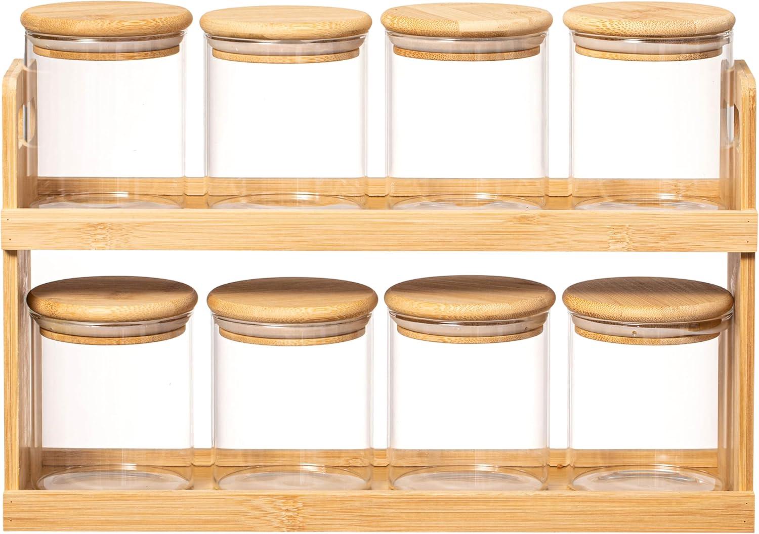 Basicwise 2-Tier Bamboo Spice Rack & Pantry Organizer with 8 Glass Jars.Perfect for Storage in Kitchens to Keep Seasoning Containers Neatly Displayed