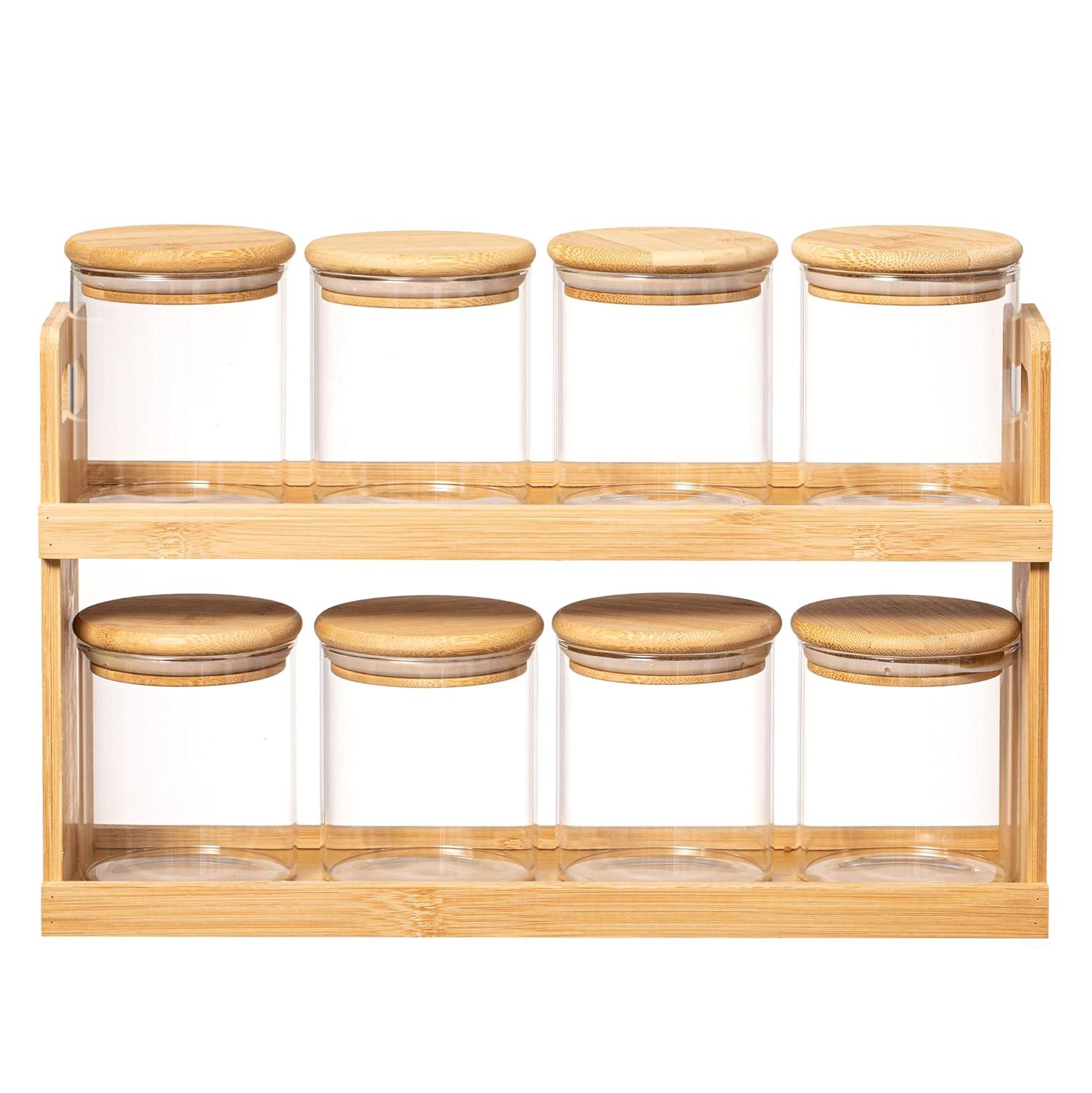 Basicwise 2-Tier Bamboo Spice Rack & Pantry Organizer with 8 Glass Jars.Perfect for Storage in Kitchens to Keep Seasoning Containers Neatly Displayed