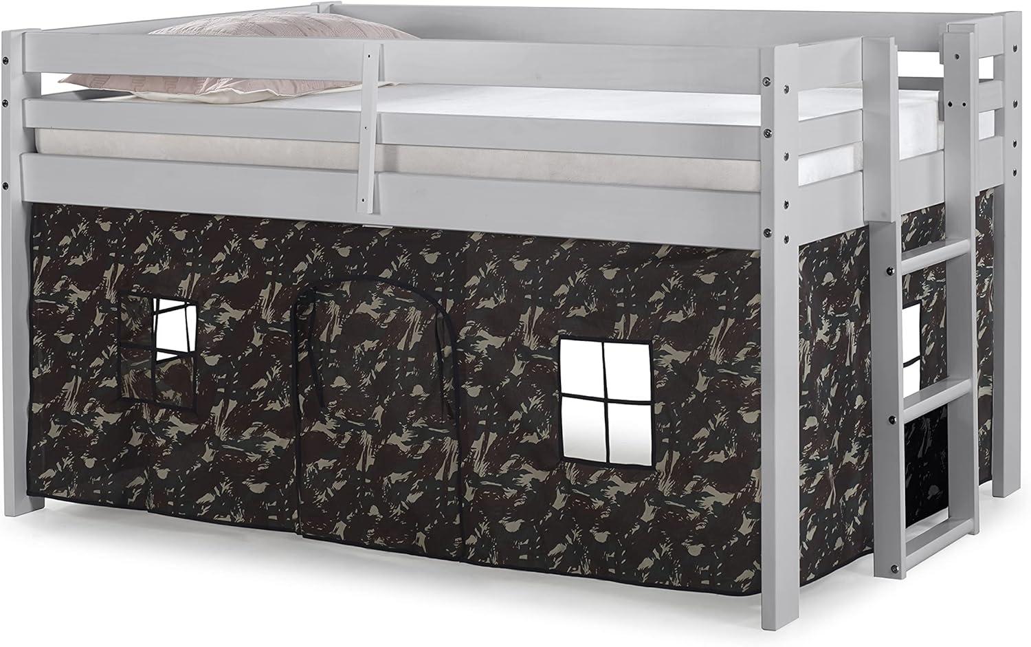 Alaterre Jasper Twin Junior Loft Bed, Dove Gray Frame and Green Camouflage Bottom Playhouse Tent