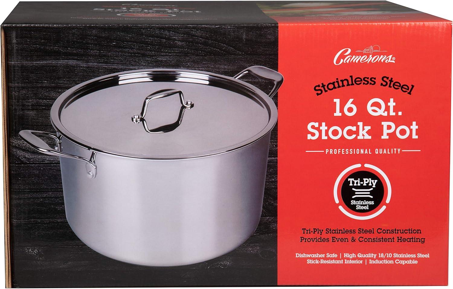 Camerons Stock Pot - Tri-ply 18/10 Professional Grade Induction Ready with Stainless Steel Lid and Stay Cool Handles (16 Quarts) - Great for Thanksgiving Turkey & Feasts