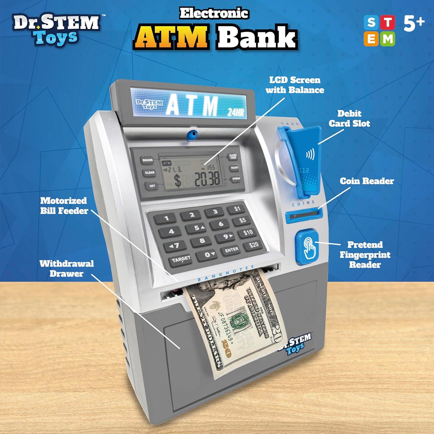 Dr. STEM: Electronic ATM Bank - Real Money Savings Piggy Bank Toy, LCD Digital Screen, Bill Feeder & Coin Counter, Pin Entry, STEM Learning, Kids 5+