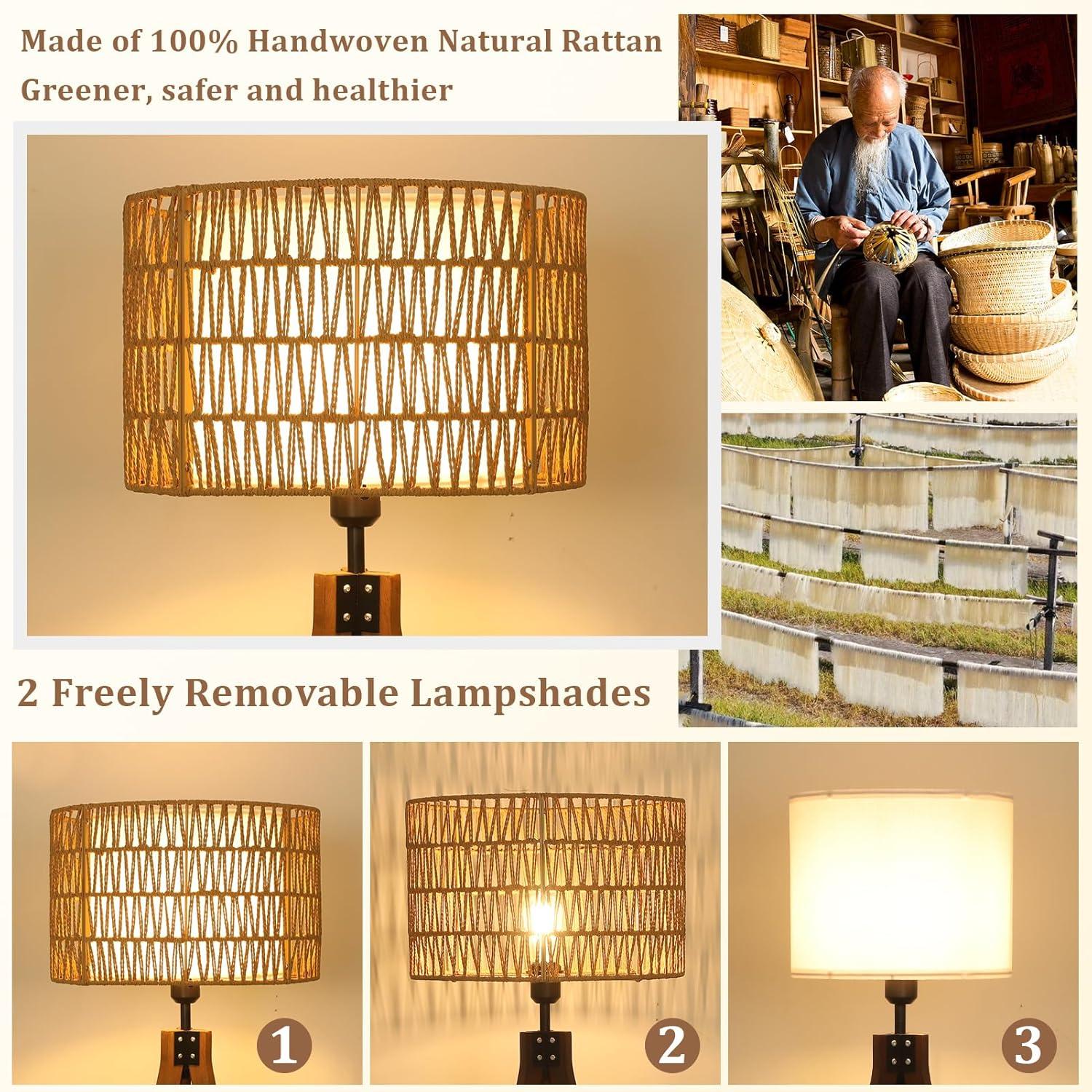 Boho Tripod Floor Lamp with Shelves, Mid Century Wood Standing Lamp with Rattan & Fabric Shades, ON/Off Foot Switch, Modern Farmhouse Tall Floor Lamps for Living Room Bedroom Office