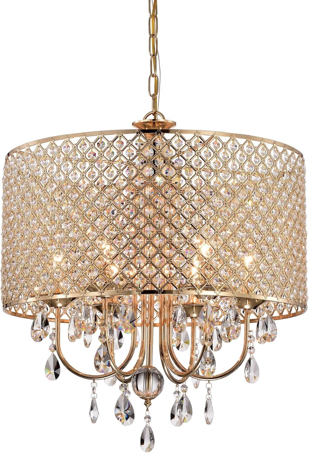 EDVIVI LIGHTING Round Beaded Drum Chandelier with Hanging Crystals Gold 6 22" Gold