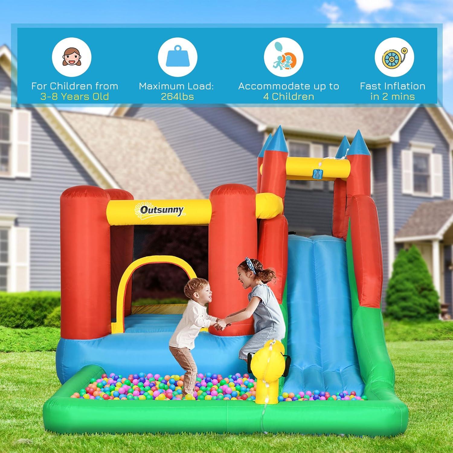 GZMWON Outsunny 6-In-1 Kids Bounce House Inflatable Water Slide With Pool, Water Cannon, Climbing Wall, Inflator Included, Jumping Castle Kids Backyard Activity Outdoor Water Play Toy
