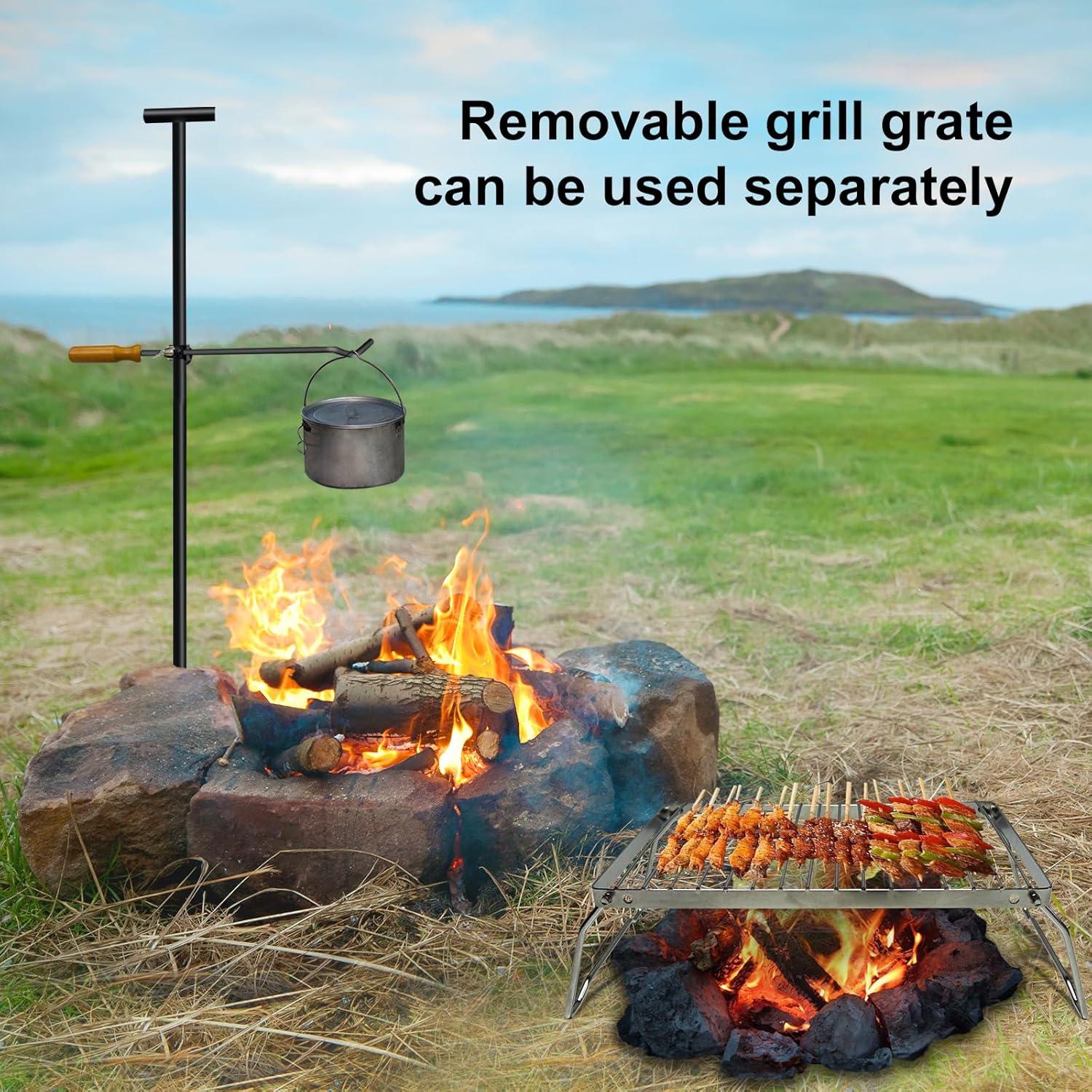 Black Steel Swivel Campfire Grill with Wooden Handles