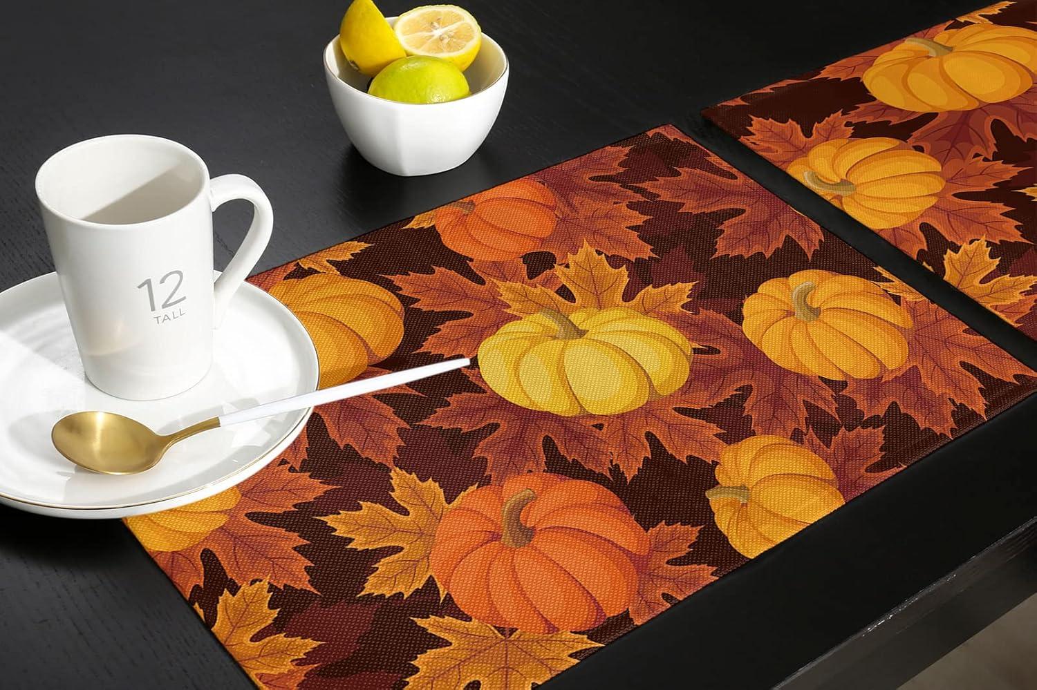 Thanksgiving Placemats Set of 6,Cotton Linen Heat Resistant Table Mats Washable Farmhouse Harvest Pumpkin Maple Leaves It''s Fall Y''all Placemat for Holiday Banquet Party Dining Kitchen Table Decor