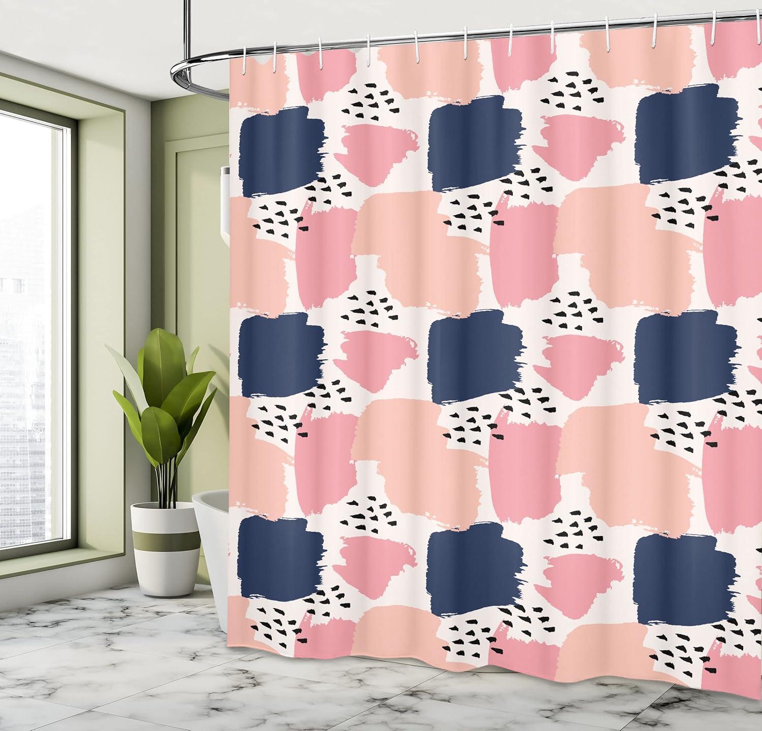 Navy and Blush Abstract Pattern Fabric Shower Curtain