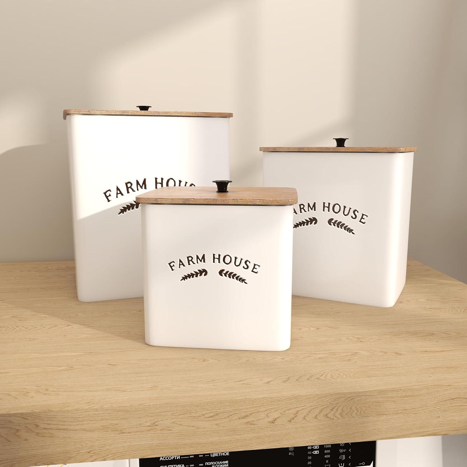 DecMode Farmhouse White Metal Canisters with Natural Brown Lid, Set of 3 11" , 9", 7"H