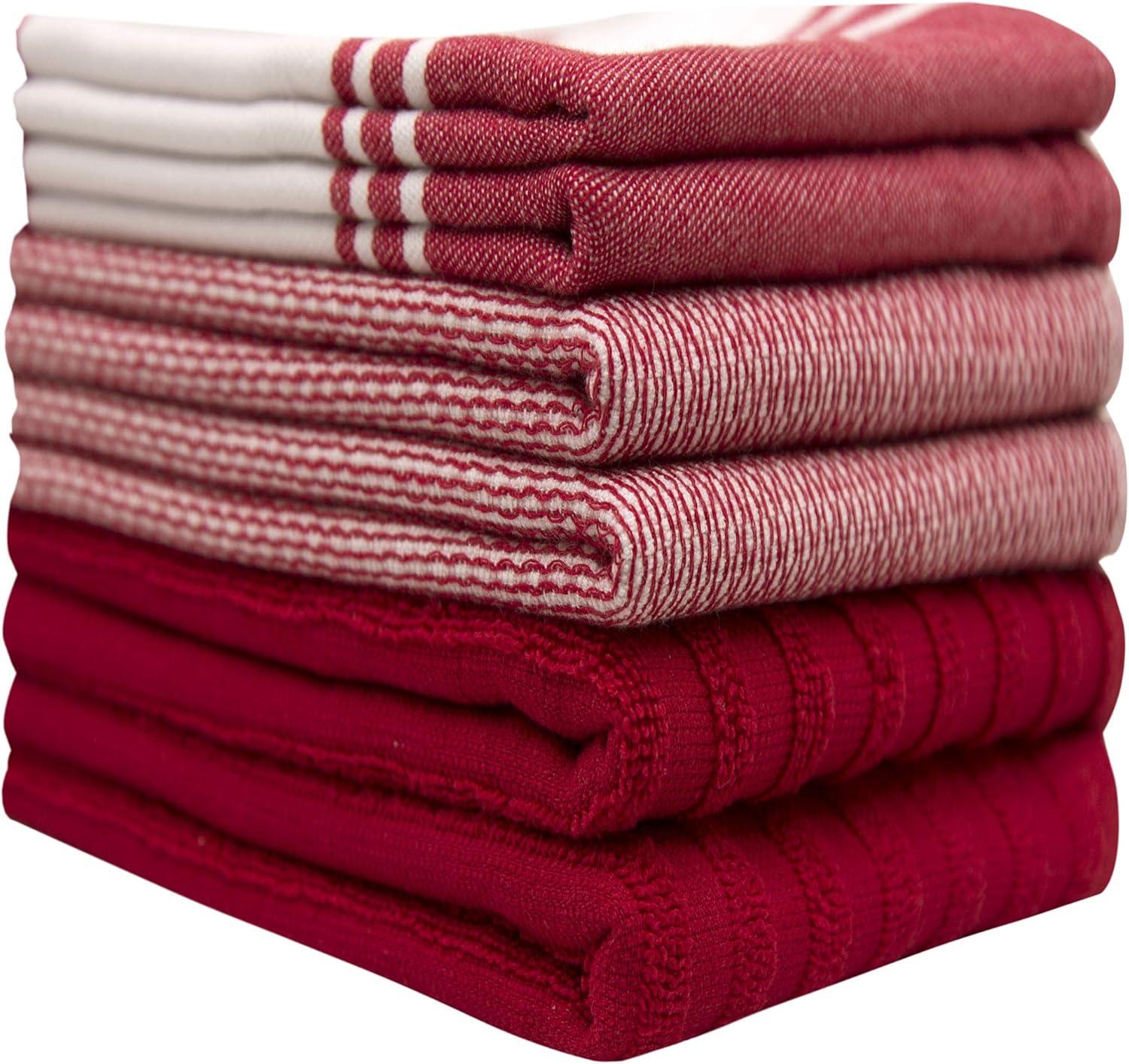 Premium Kitchen Towels (20”x 28”, 6 Pack) – Large Cotton Kitchen Hand Towels – Flat & Terry Towel – Highly Absorbent Tea Towels Set with Hanging Loop (Wide Stripe Red)