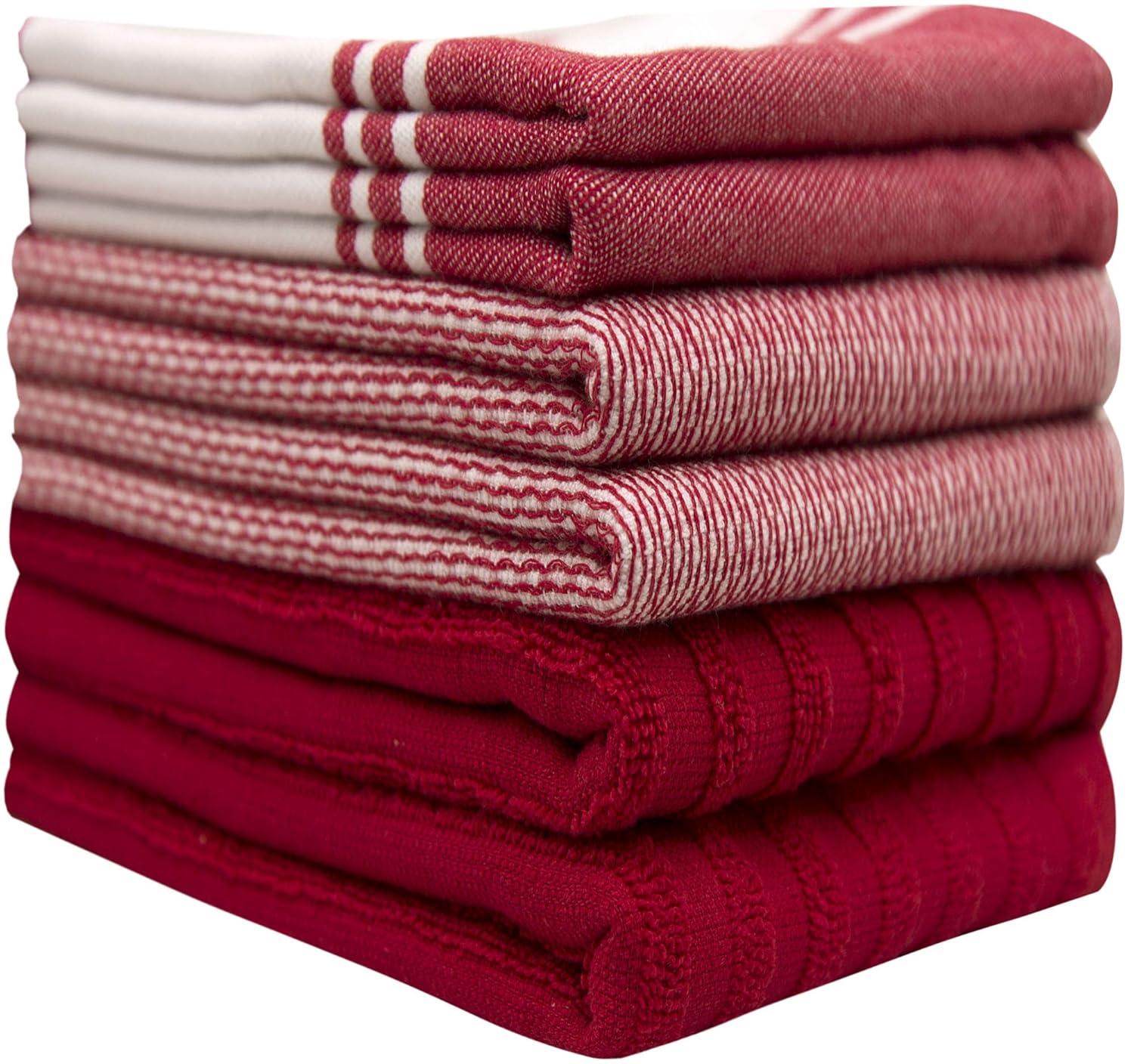 Premium Kitchen Towels (20”x 28”, 6 Pack) – Large Cotton Kitchen Hand Towels – Flat & Terry Towel – Highly Absorbent Tea Towels Set with Hanging Loop (Wide Stripe Red)