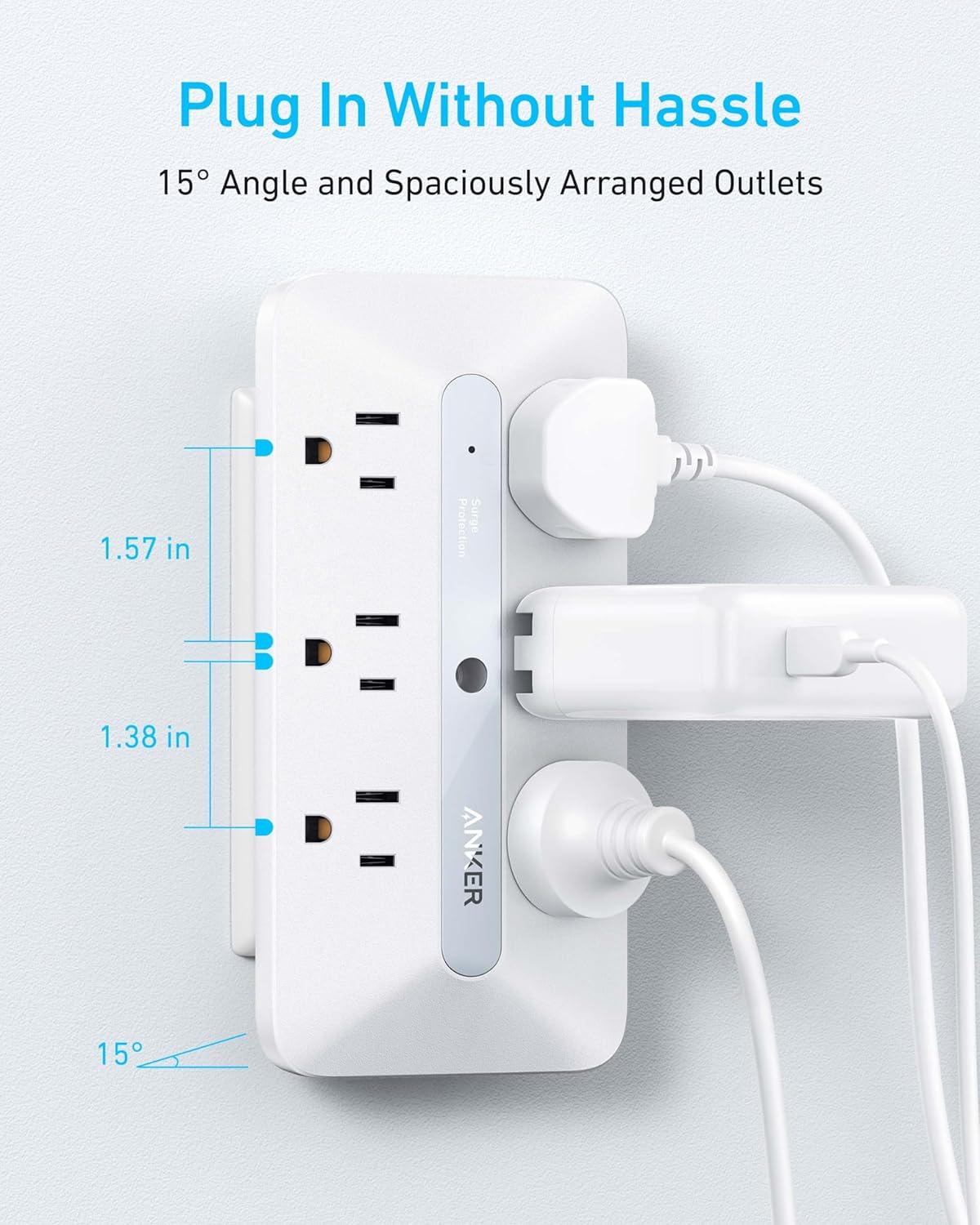 Anker Wall Charger, 300J Surge Protector, 10-in-1 Outlet Extender, 6 AC, 2 USB A, 2 USB C Ports, Wide-Spaced Outlets and 20W Fast Charging, Desk Charging Station, Home Office, Dorm, Room Essential