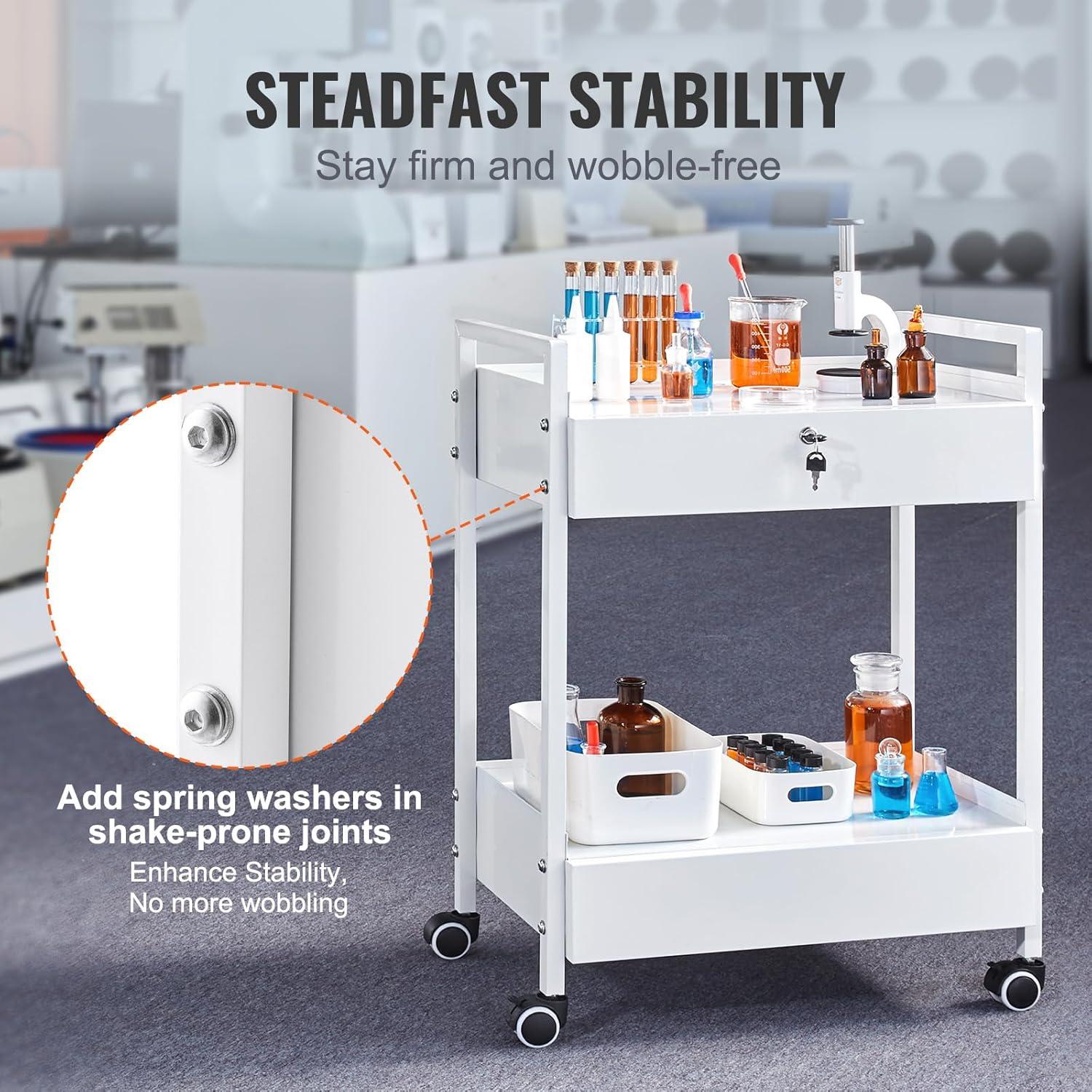 VEVOR Lab Rolling Cart, 2-Shelf Stainless Steel Rolling Cart, Lab Serving Cart with Swivel Casters, Dental Utility Cart for Clinic, Lab, Hospital, Salon, 15.16"x21.57"x34.06"