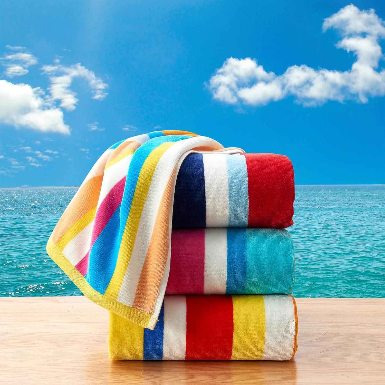 100% Cotton 4 Pack Stripe Beach Towels - Great Bay Home (30" x 60", Multi Colorful Stripes)