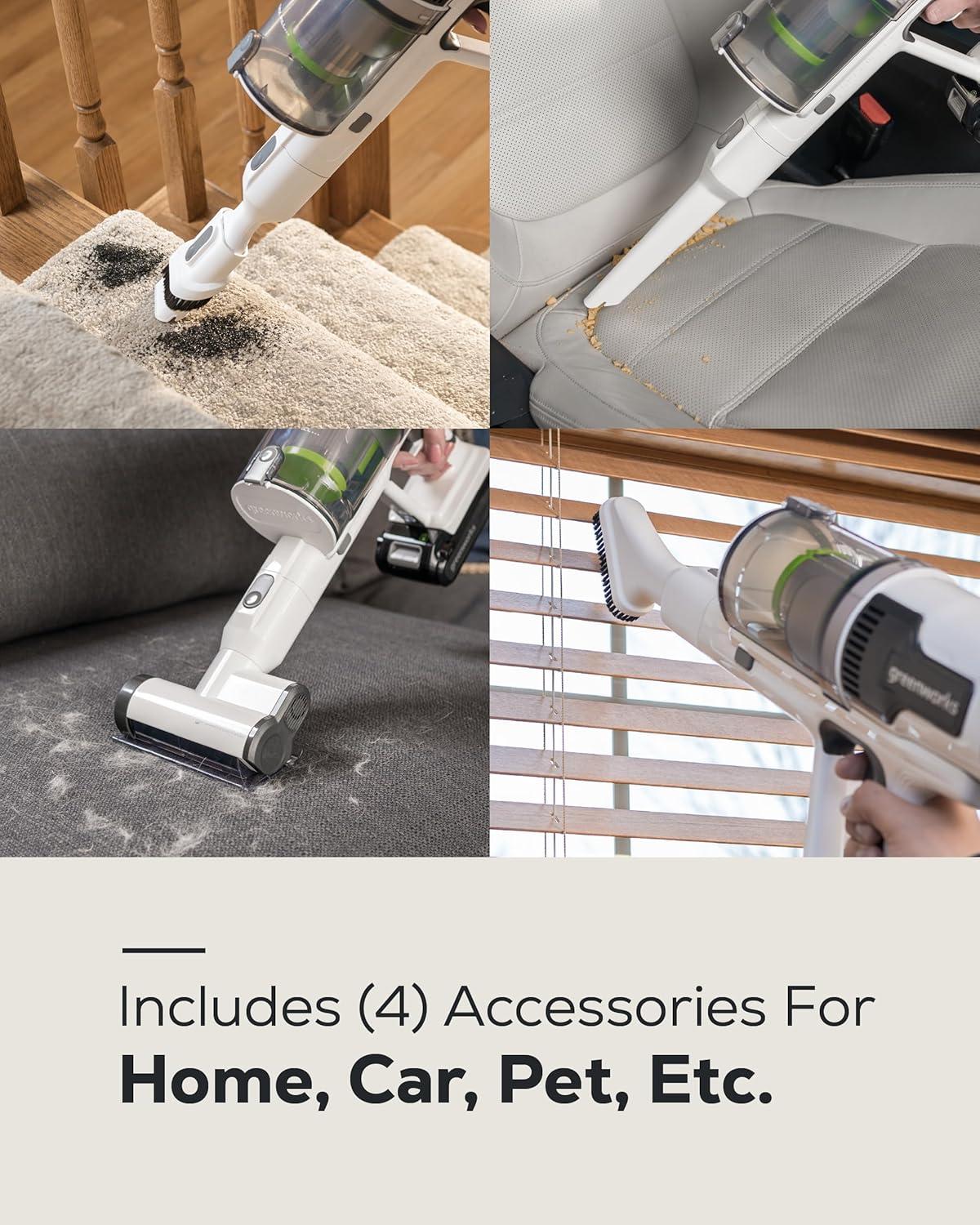 Greenworks 24V Brushless Cordless Stick Vacuum, Lightweight, Handheld, Pet, Anti-Allergen HEPA Filtration, Hard Floor, Carpet, Car, 4Ah Battery, and 30-Minute Charge Time (White)