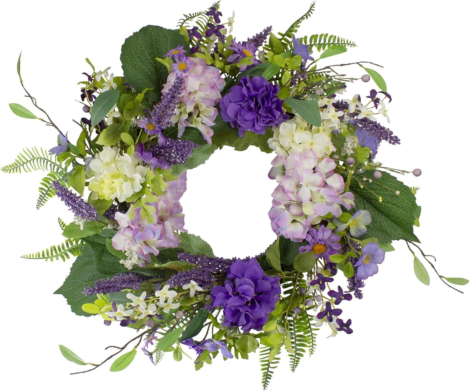 Northlight Hydrangea and Foliage Spring Floral Twig Wreath, Purple 26"