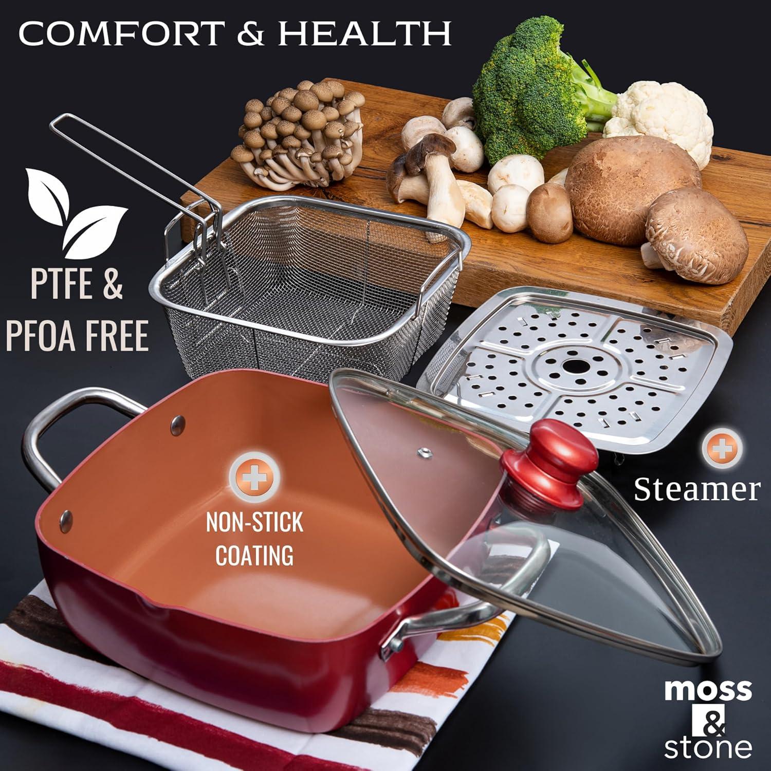 Moss & Stone Copper 5 Piece Set Chef Cookware, 9.5” Non Stick Pan, Deep Square Pan, Fry Basket, Steamer Tray, Dishwasher & Oven Safe, 5 Quart Copper Pot Set, Red Induction Cookware Set