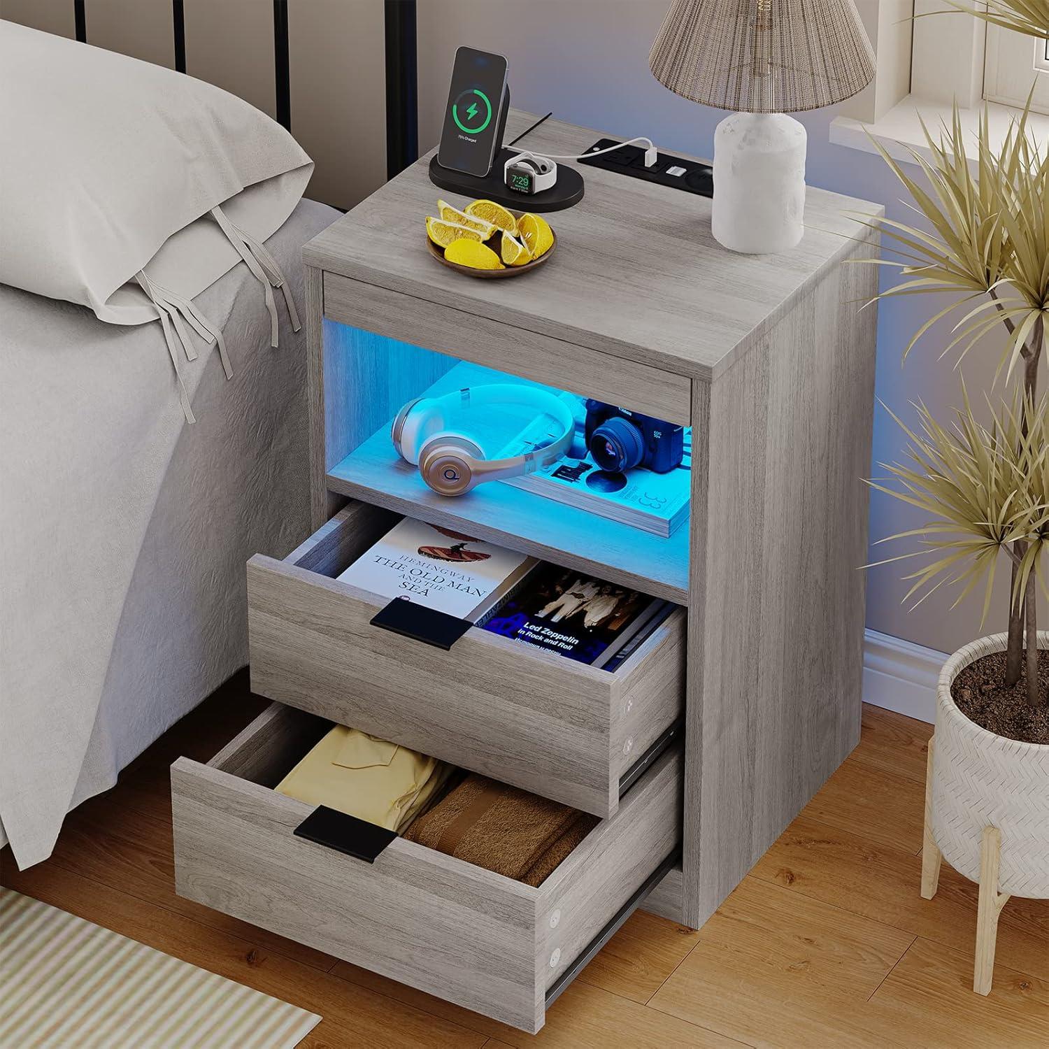 Exlonjet Black Nightstand with Wireless Charging Station and LED Lights, Bedside Table with 2 Drawers, Open Storage, 1 Pull-Out Tray, End Side Table with Charging Station, LED Night Stand with Storage