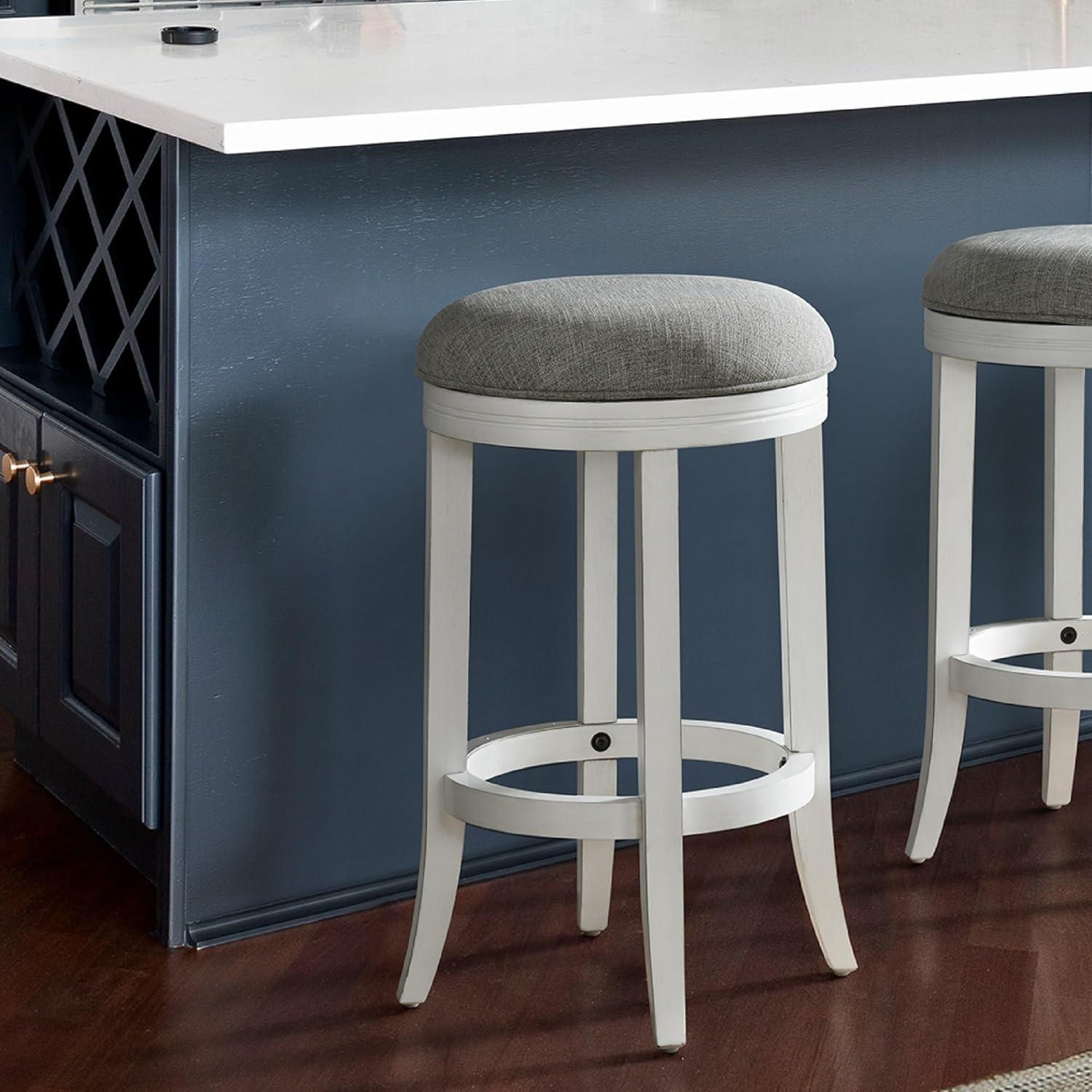 Avery 26" White Wood Swivel Backless Counter Stool with Gray Upholstered Seat