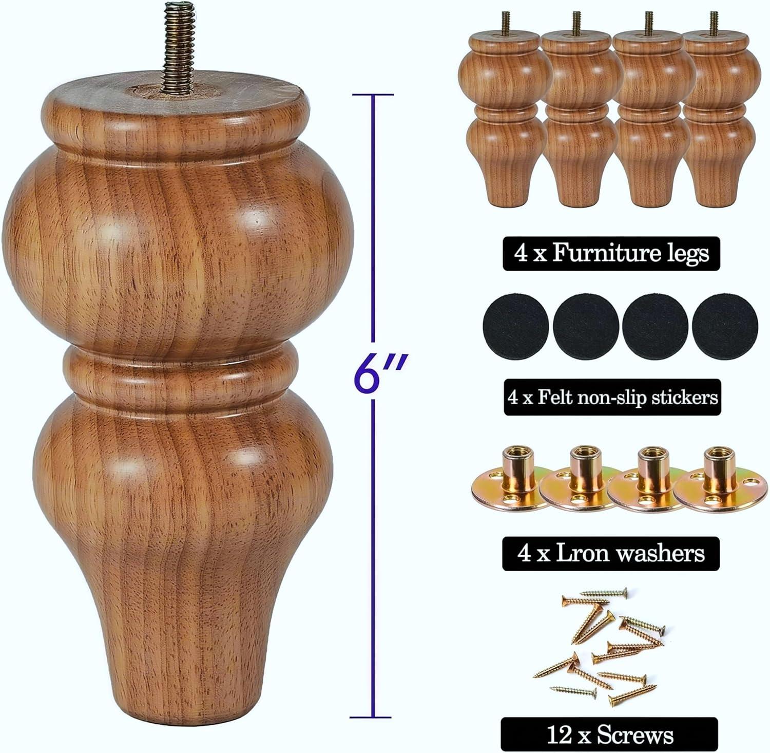 Wood Furniture Legs-Round Couch Legs, Sofa Legs Set of 4,Couch Legs Replacement,for Chair Legs Dresser Legs Cabinet Legs(6 inch Wood Color)