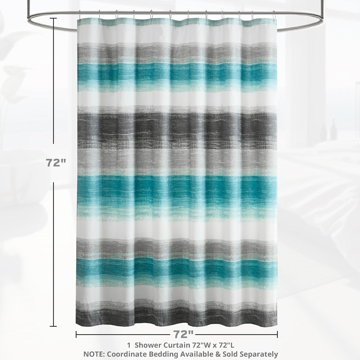 Seth Striped Print Shower Curtain Aqua/Gray - Madison Park: Polyester Microfiber, Buttonhole Top, OEKO-TEX Certified