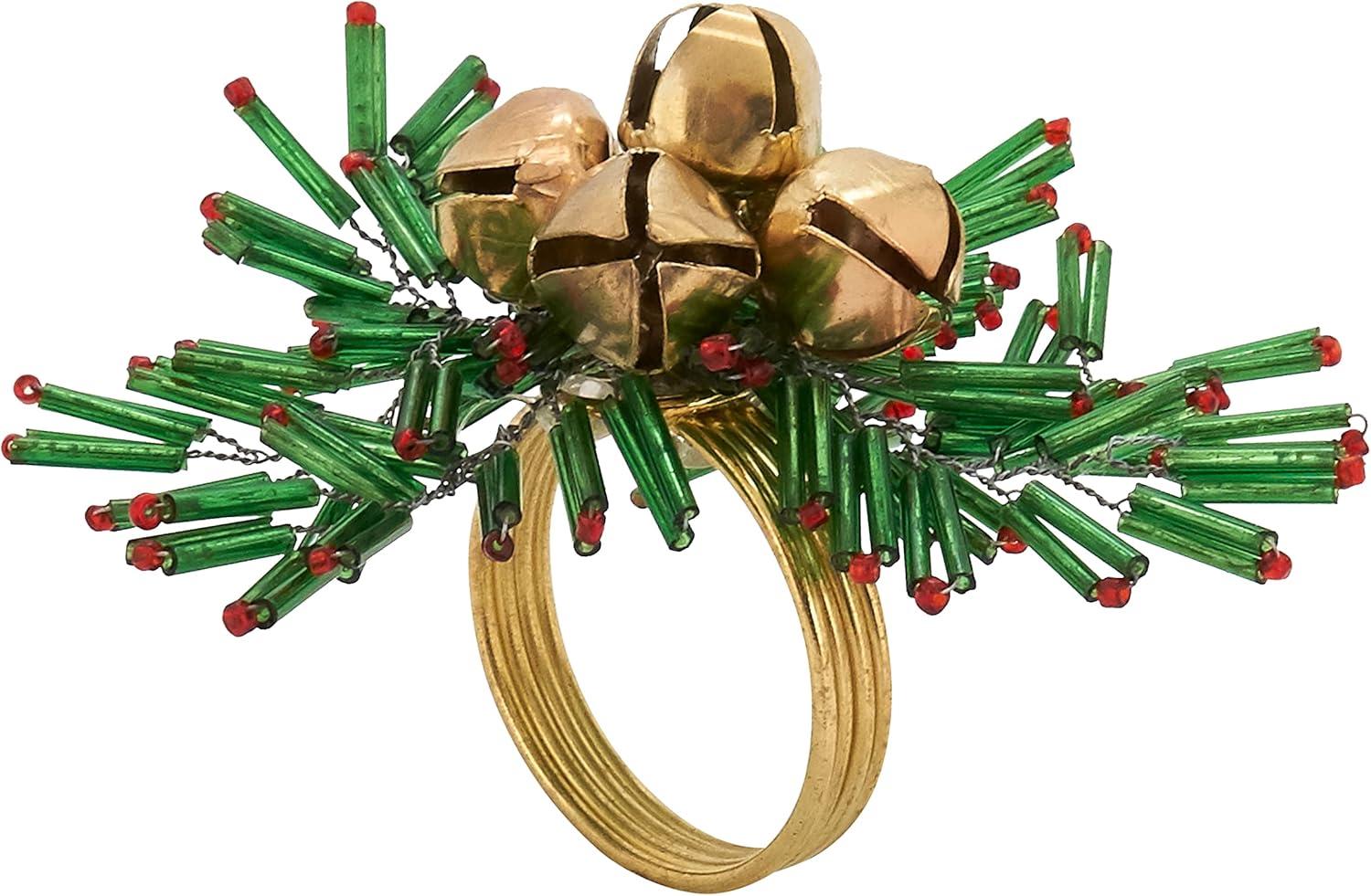 Saro Lifestyle Holiday Napkin Rings With Beaded Snowflake and Bells Design (Set of 4), Green, 4"