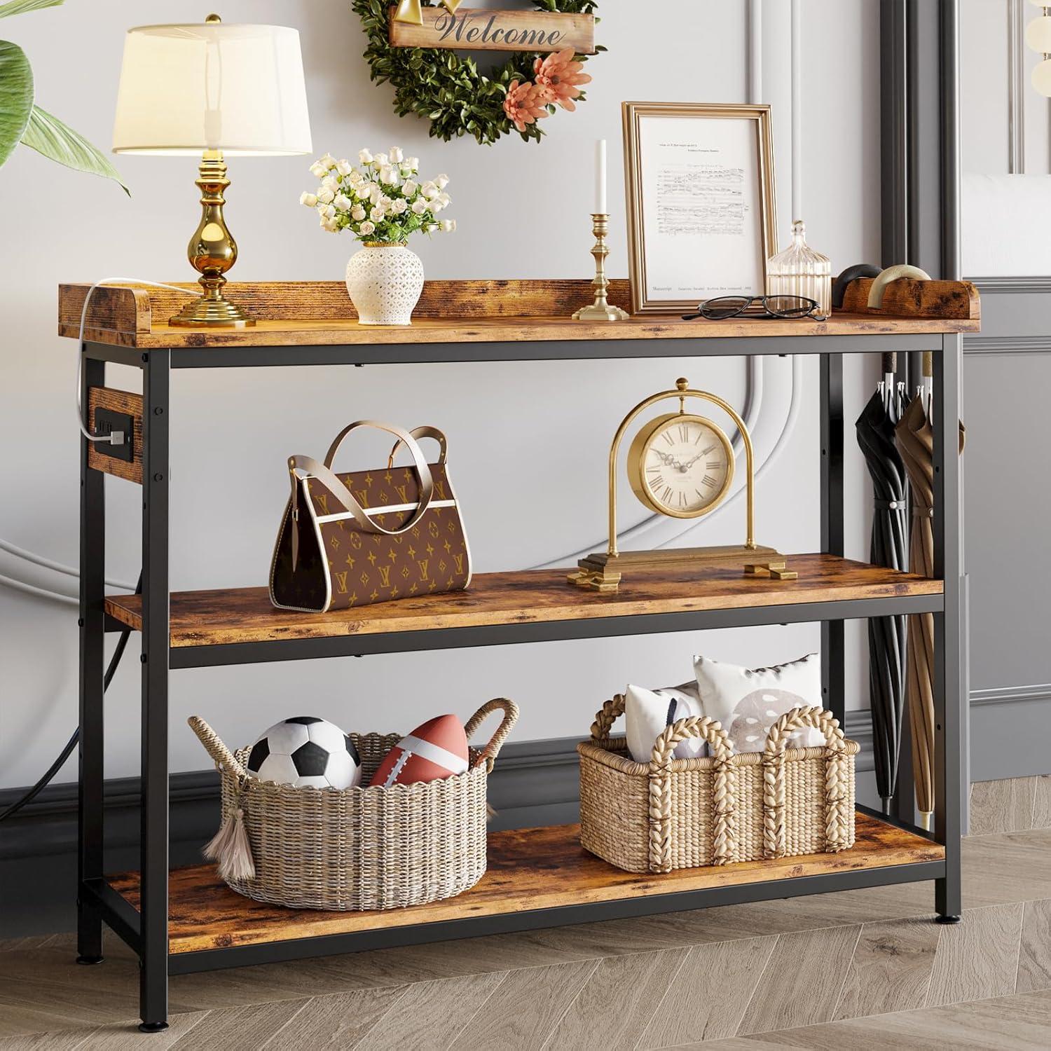 Rustic Brown 43" Console Table with Power Outlet and Storage