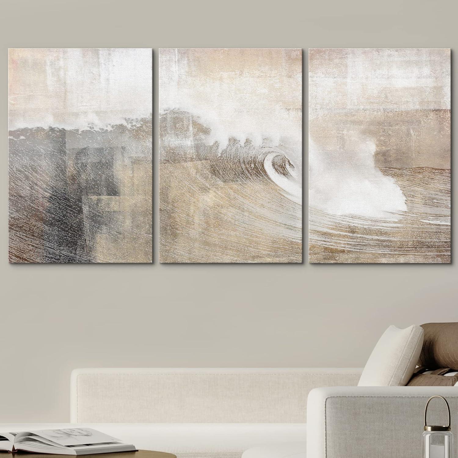 wall26 Canvas Print Wall Art Set Gray & Tan Color Block Ocean Wave Overlay Nature Wilderness Digital Art Modern Art Rustic Scenic Colorful for Living Room, Bedroom, Office - 24"x36"x3 P