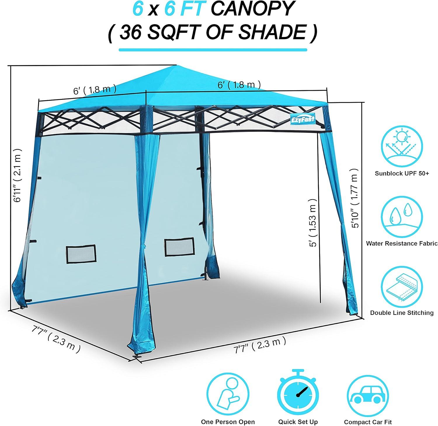 EzyFast Compact Pop Up Canopy Tent, Collapsible Instant Shelter, Portable Sports Cabana, With Built-in Weight Bags, 8 x 8 ft Base / 6 x 6 ft Top for Camping,Hiking,Fishing,Family Outings (Mosaic Blue)
