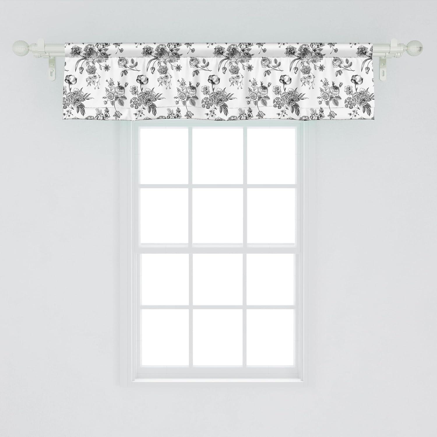 Black and White Floral Satin Rod Pocket Valance 54" x 12"