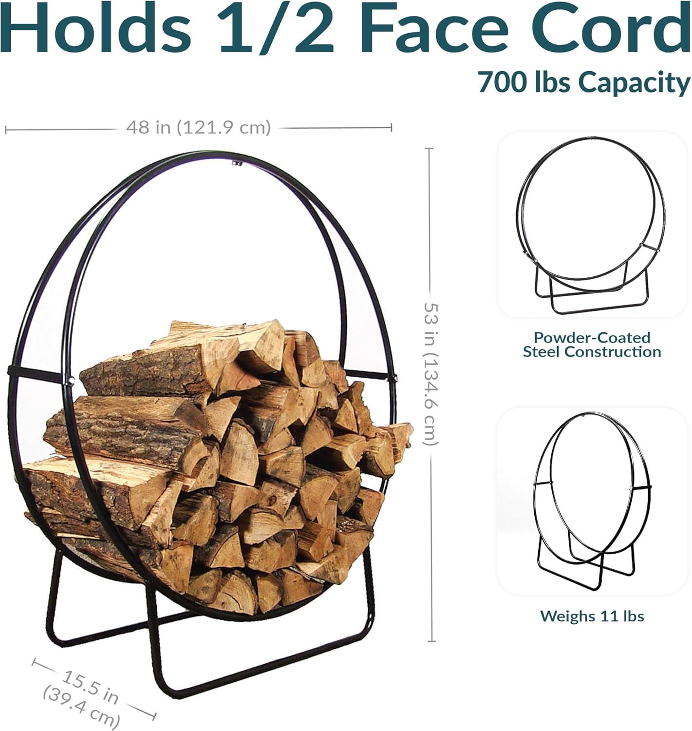 Sunnydaze Outdoor Heavy-Duty Steel Firewood Log Hoop Storage Rack with Weather-Resistant PVC Log Hoop Cover - 48" - Black