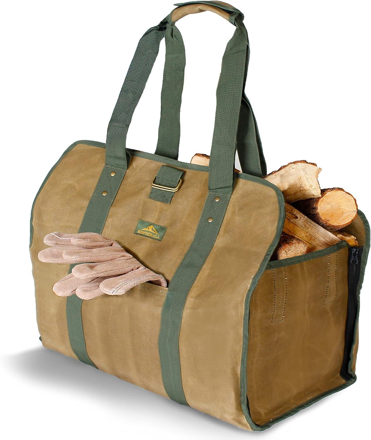 Heavy-Duty Waxed Canvas Firewood Carrier Bag with Adjustable Sides