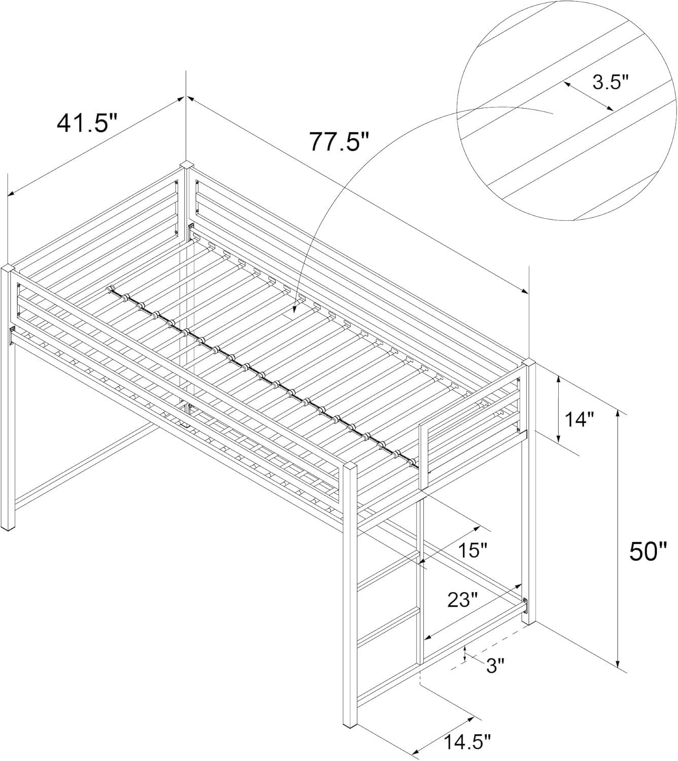 Silver Metal Junior Twin Loft Bed with Ladder and Guardrails