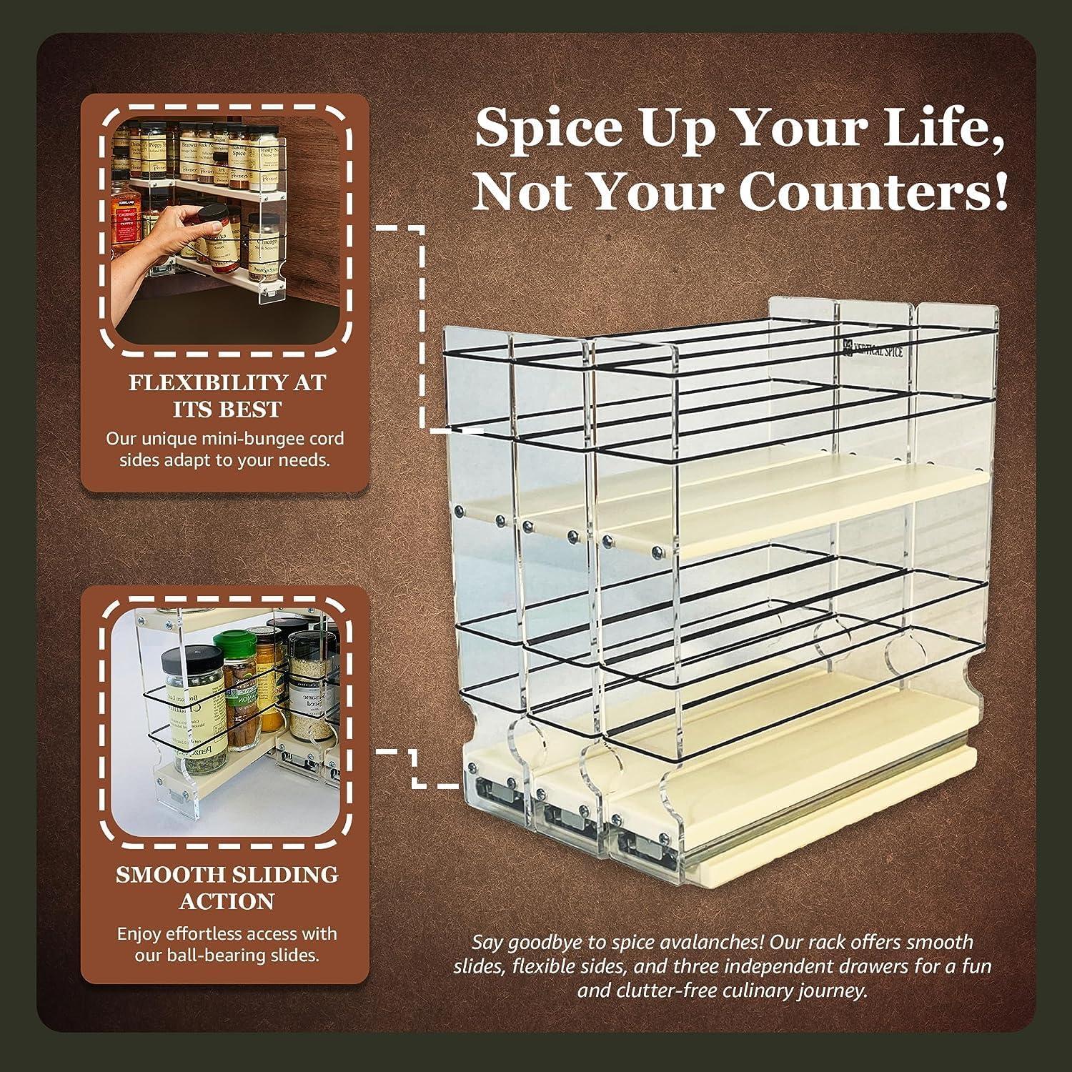 15 Regular / 15 Half-Size Capacity 3 Drawer 2 Tier Spice Rack with Flex-Sides Best Fit in 9.5" High Space