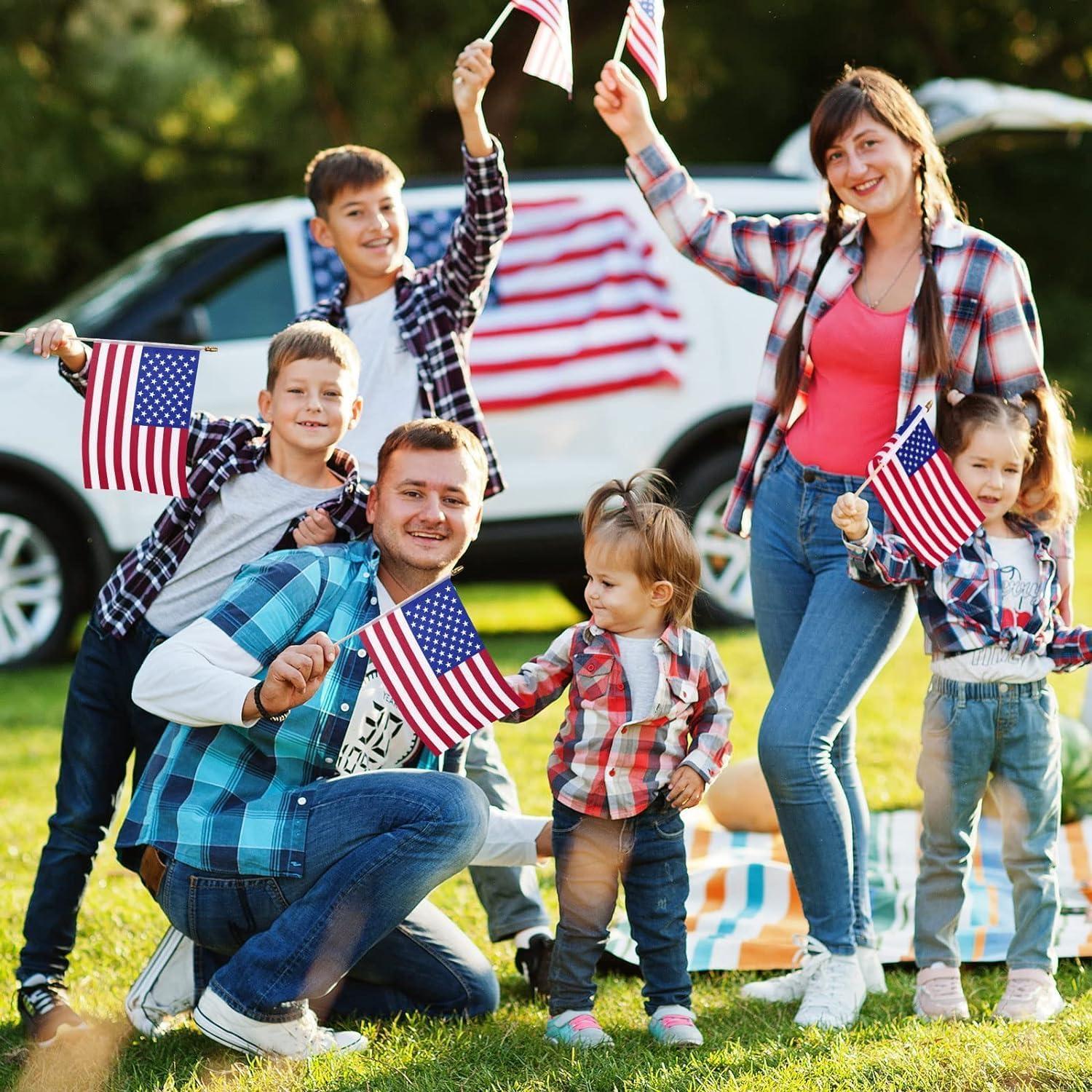 12 Pack Small American Flags Small US Flags/Mini American Flag on Stick 8x12 Inch US American Hand Held Stick Flags with Kid-Safe Spear Top, Polyester Full Color Tear-Resistant Flag