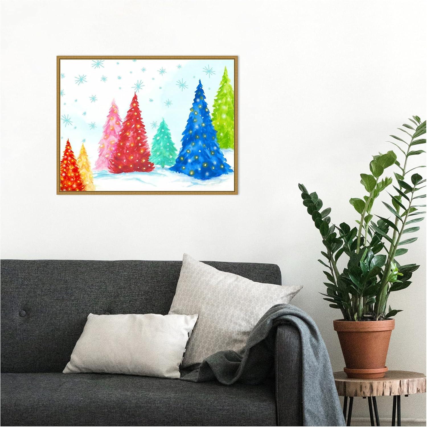 Magic Christmas Trees Multicolor Canvas Print with Gold Frame