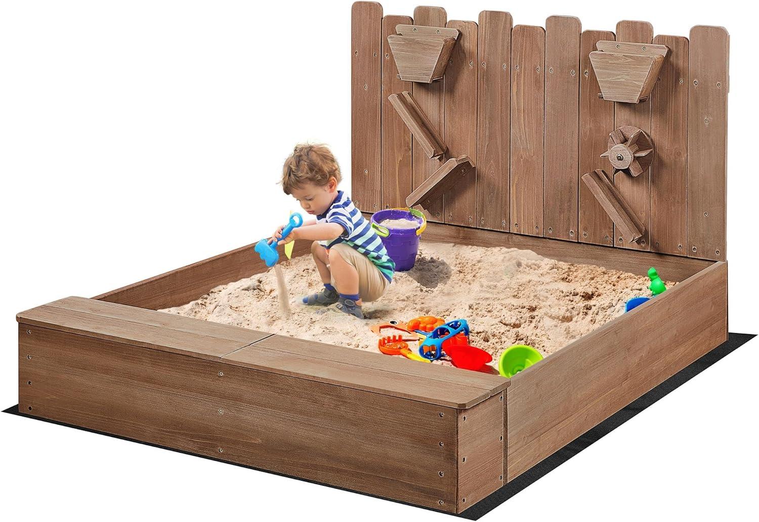 Topeakmart Wooden Kids Sandbox with Spinning Wheel, Dark Brown