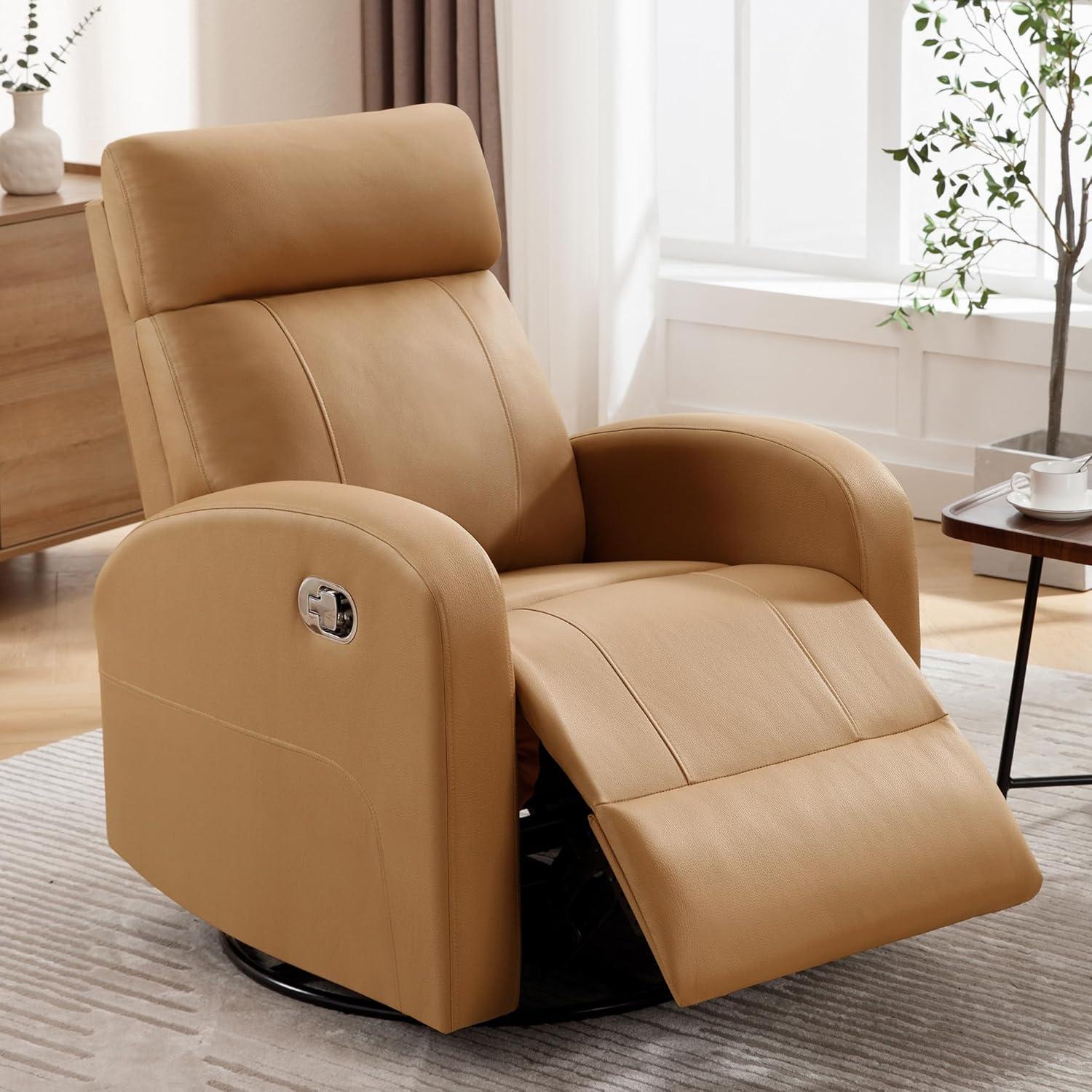 Swivel Rocker Recliner Chair, Manual Leather Recliner, Glider Rocking Recliner Chair 360°Swivel Nursery Reclining Chair with Adjustable Headrest/Highback for Living Room, Brown