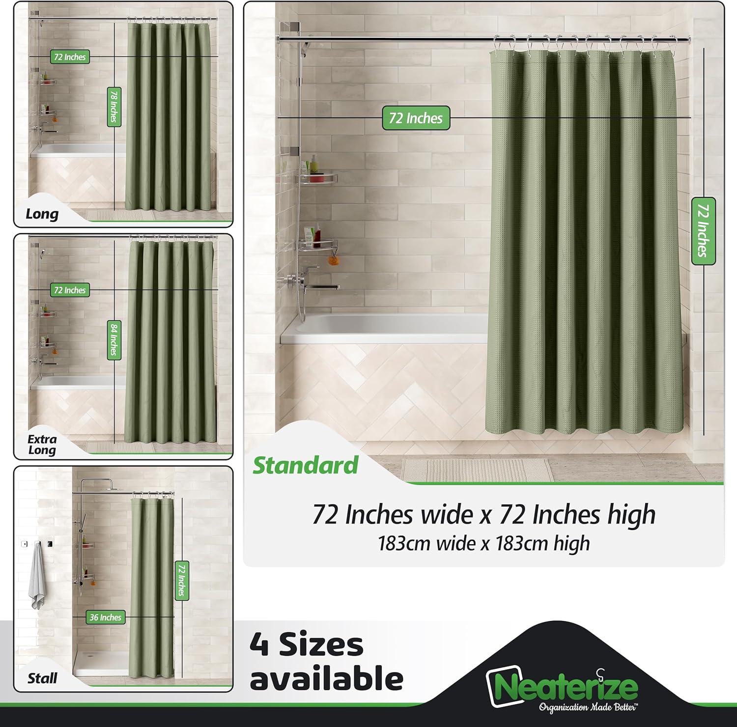 NEATERIZE Shower Curtain Sage Green - Hotel Style Sage Green Shower Curtains for Bathroom with Waffle Design, 72x72 Inches - Fabric Shower Curtain - Cortinas de Baño Elegantes