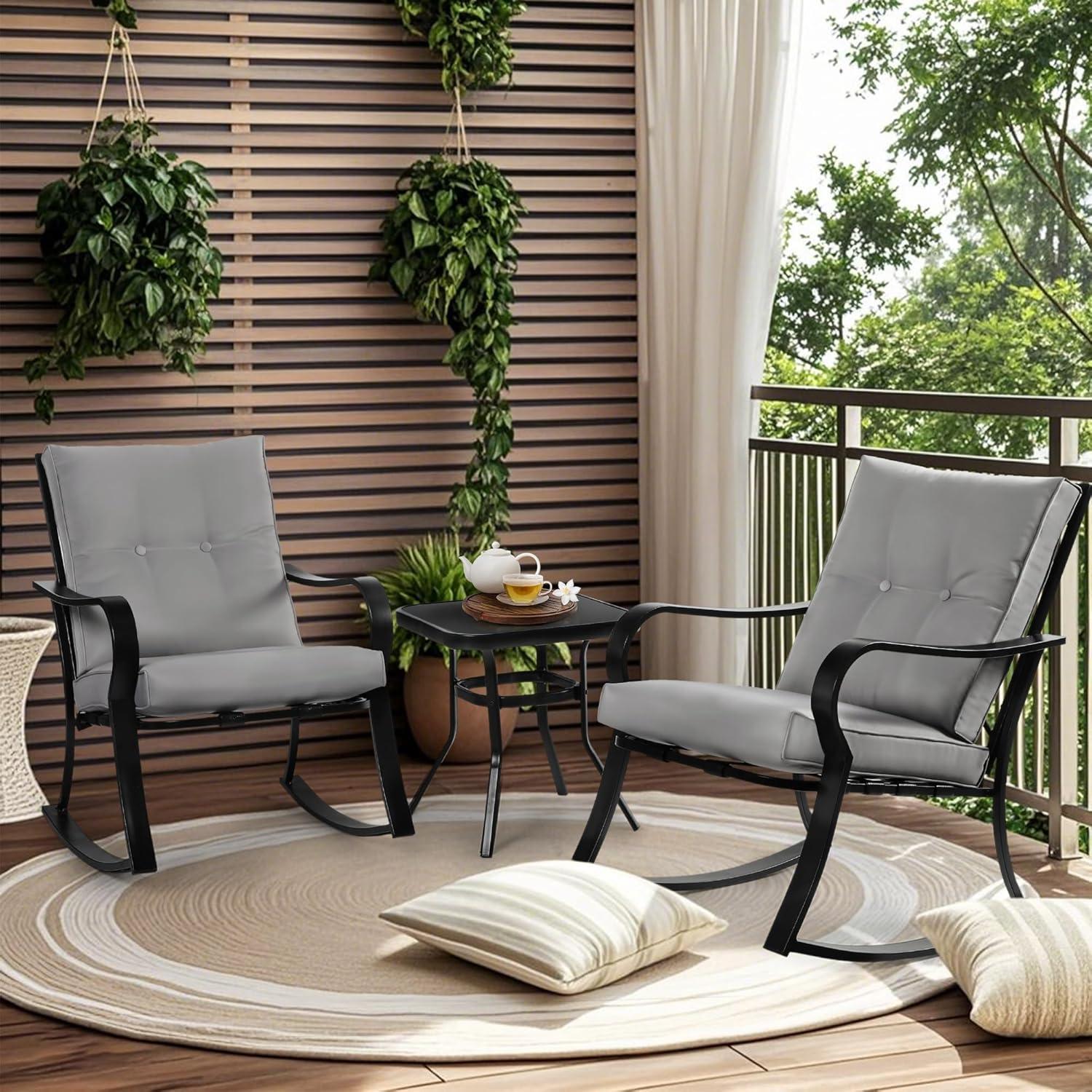 Crownland Outdoor Rocking Chairs Patio Furniture 3 Piece Patio Set Bistro Table Set Black Iron with Thickened Cushions and Glass Coffee Table, Grey