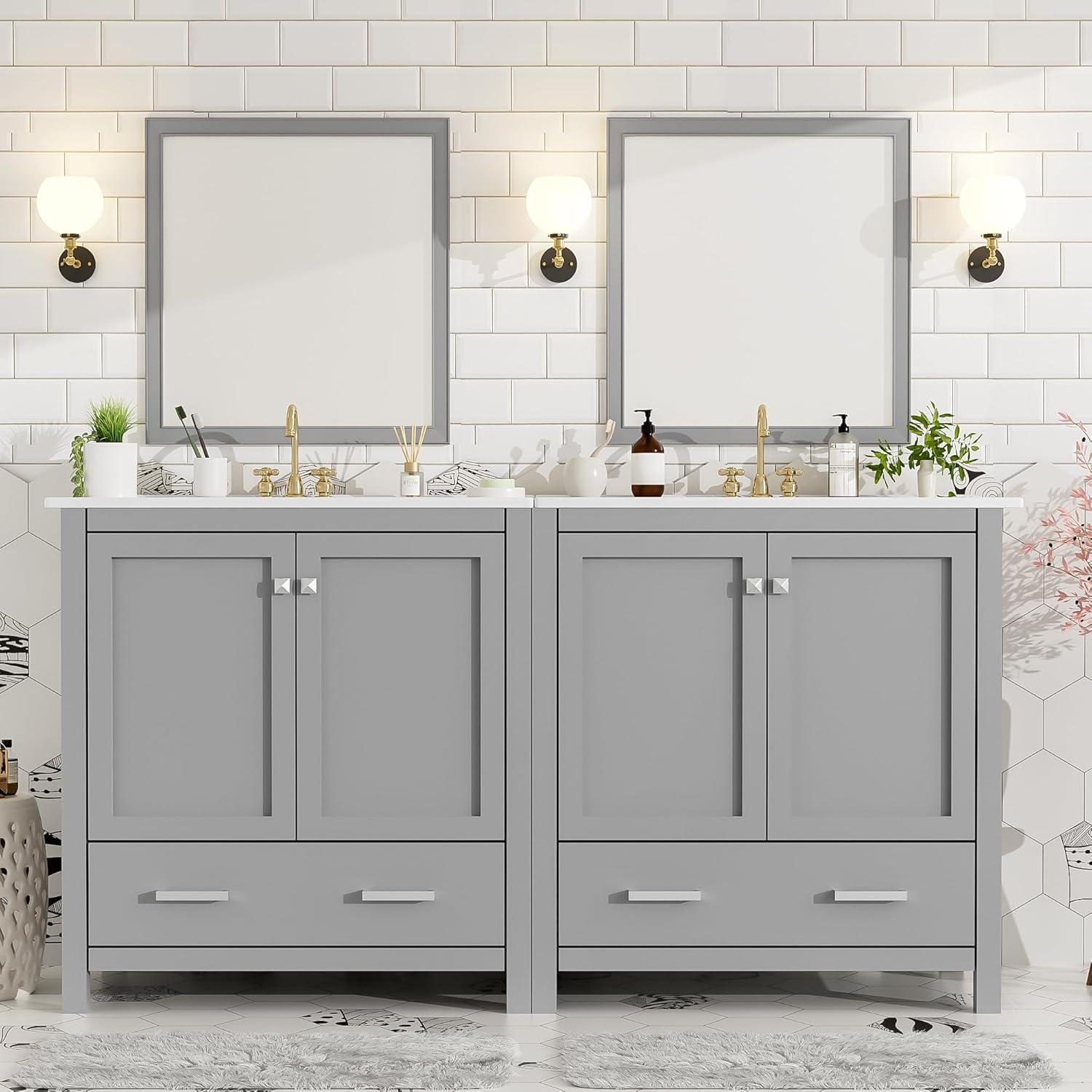 60" Bathroom Vanity Set,Double Vanities (Separate), Double Ceramic Sinks, Storage Shelf, and Divided Drawers (Mirror not Included)– Modern Bathroom Solution for Spacious Bathrooms,Grey