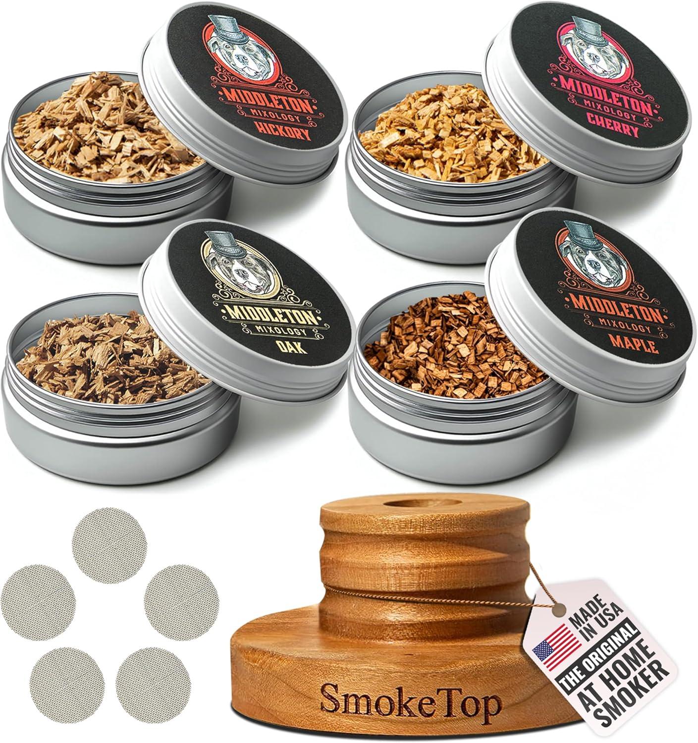 SmokeTop Cocktail Smoker Kit with 4 Flavors Wood Chips - Cocktail Smoker Kit & Chips for Old Fashioned Cocktails, Whiskey, & Bourbon (Cherry, Hickory, Maple & Oak)