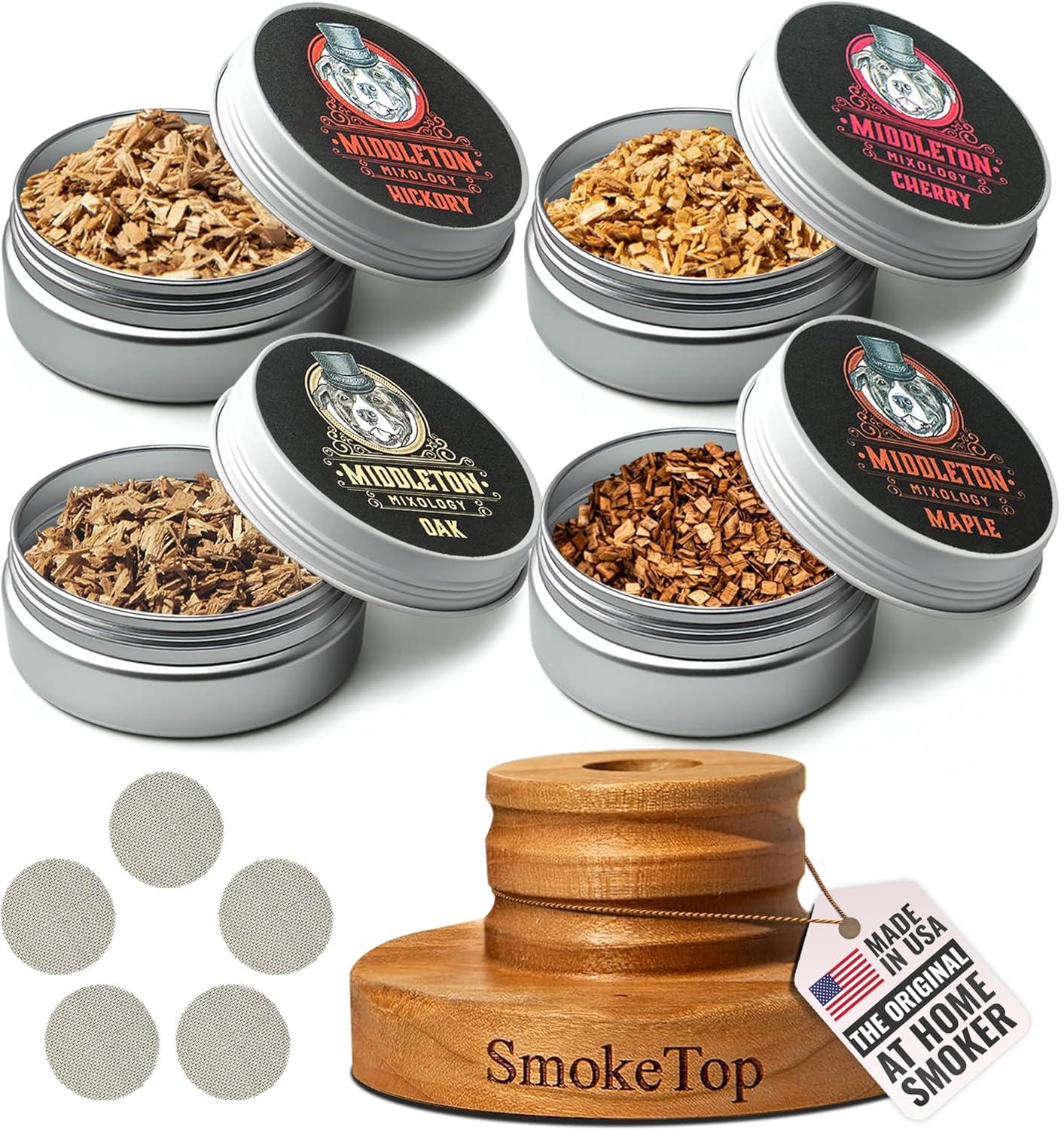 SmokeTop Cocktail Smoker Kit with 4 Flavors Wood Chips - Cocktail Smoker Kit & Chips for Old Fashioned Cocktails, Whiskey, & Bourbon (Cherry, Hickory, Maple & Oak)