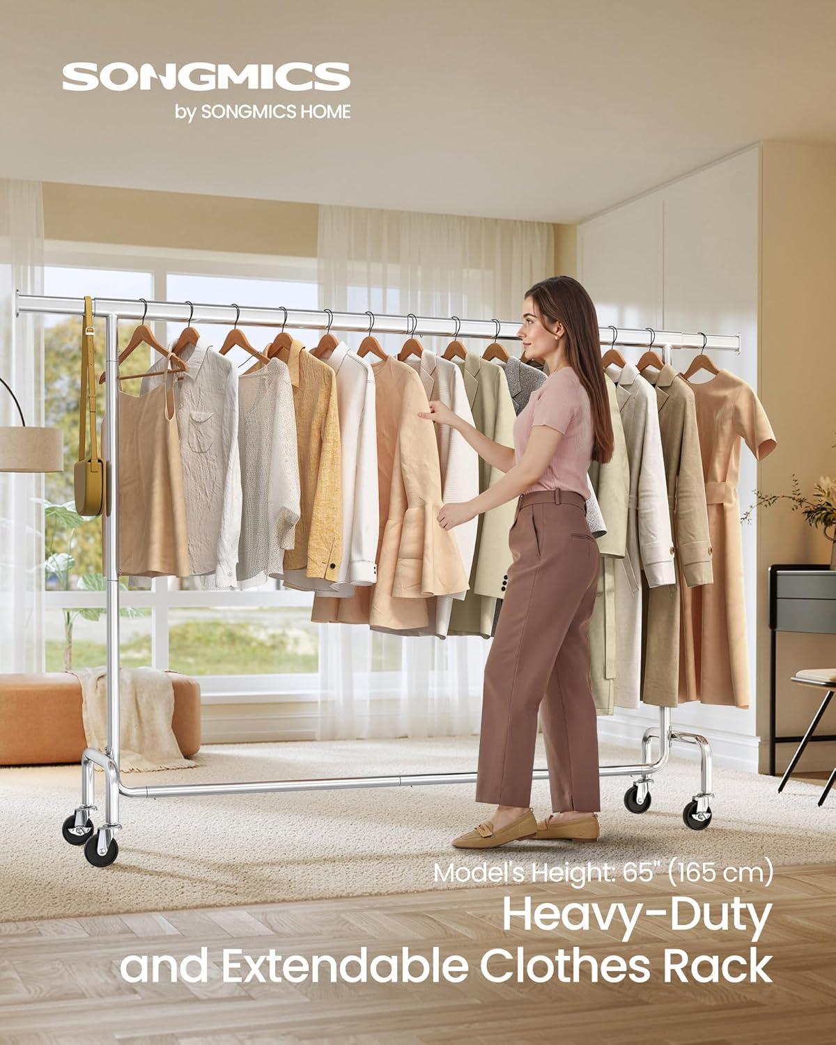 300lb Clothing Rack Heavy Duty Clothes Rack on Wheels Garment Rack Rolling Coat Rack for Bedroom Living Room Silver