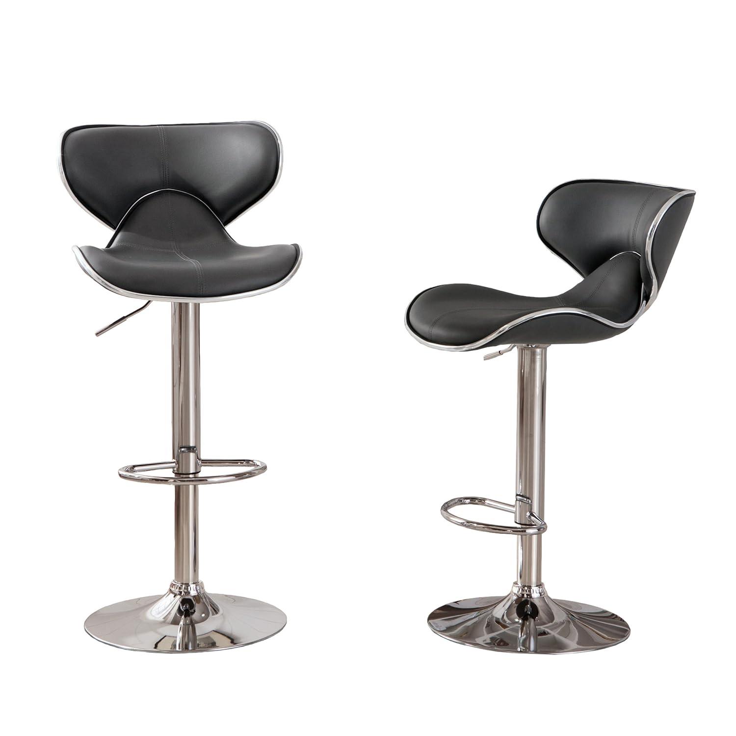 Roundhill Furniture Masaccio Cushioned Leatherette Upholstery Airlift Adjustable Swivel Barstool with Chrome Base, Grey, Set of 2