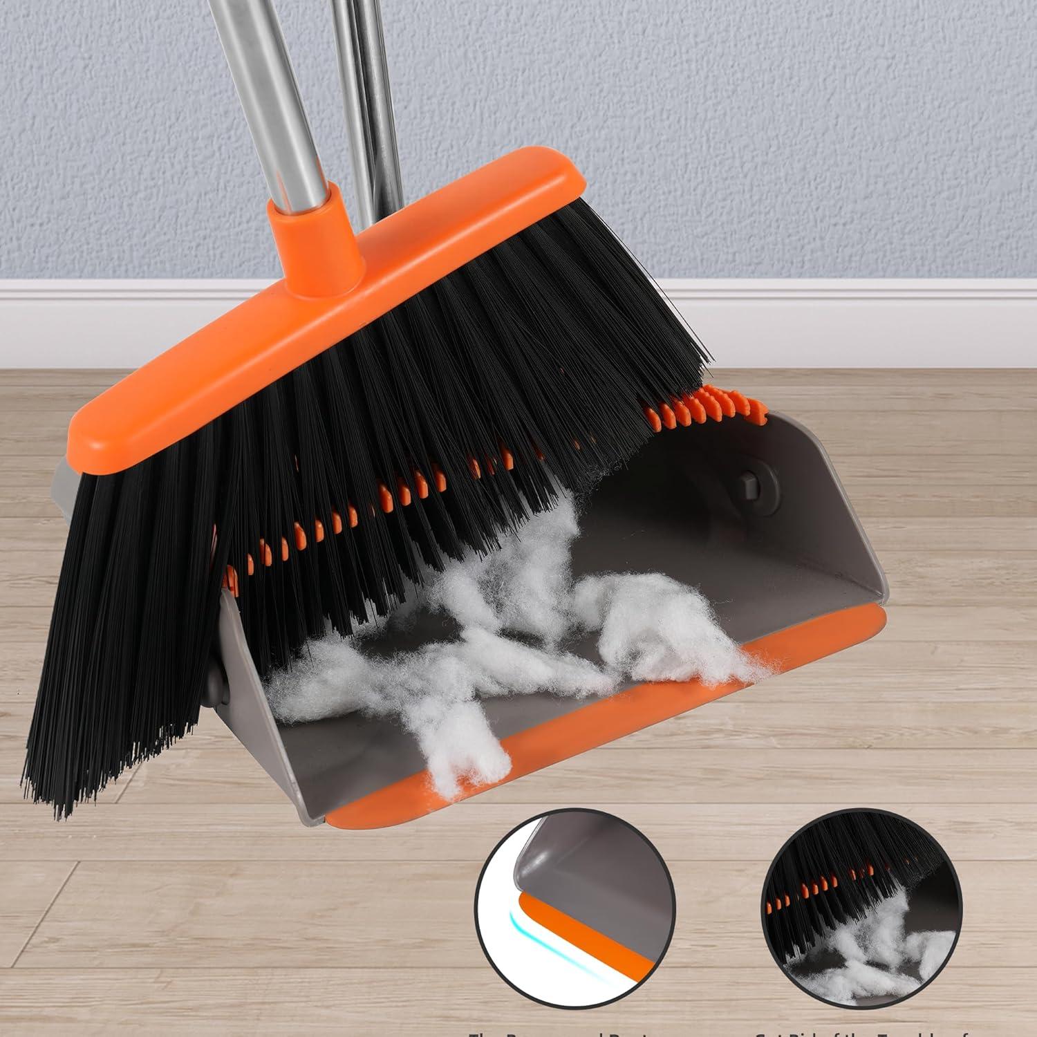 Adjustable Stainless Steel Broom and Dustpan Set with Orange Handle