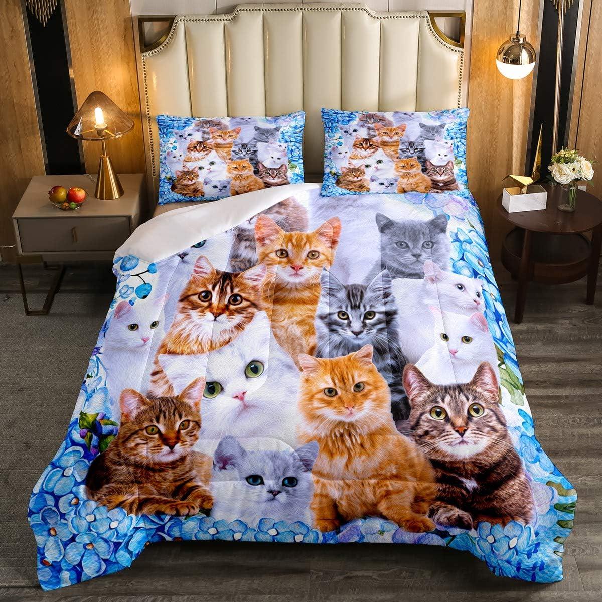 Queen Size Multicolor Microfiber Cat Print Bedding Set