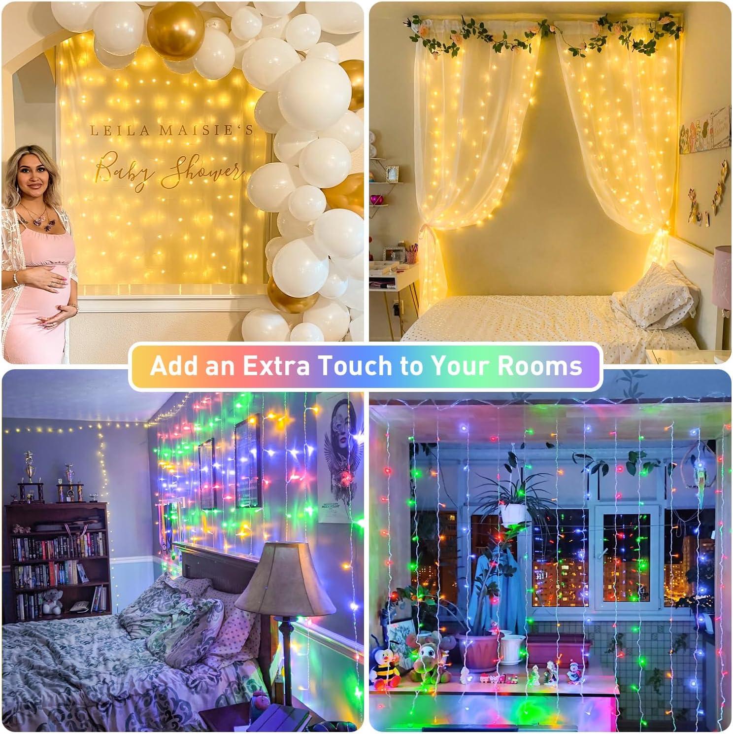 Warm White and Multicolor 300 LED Curtain Fairy Lights