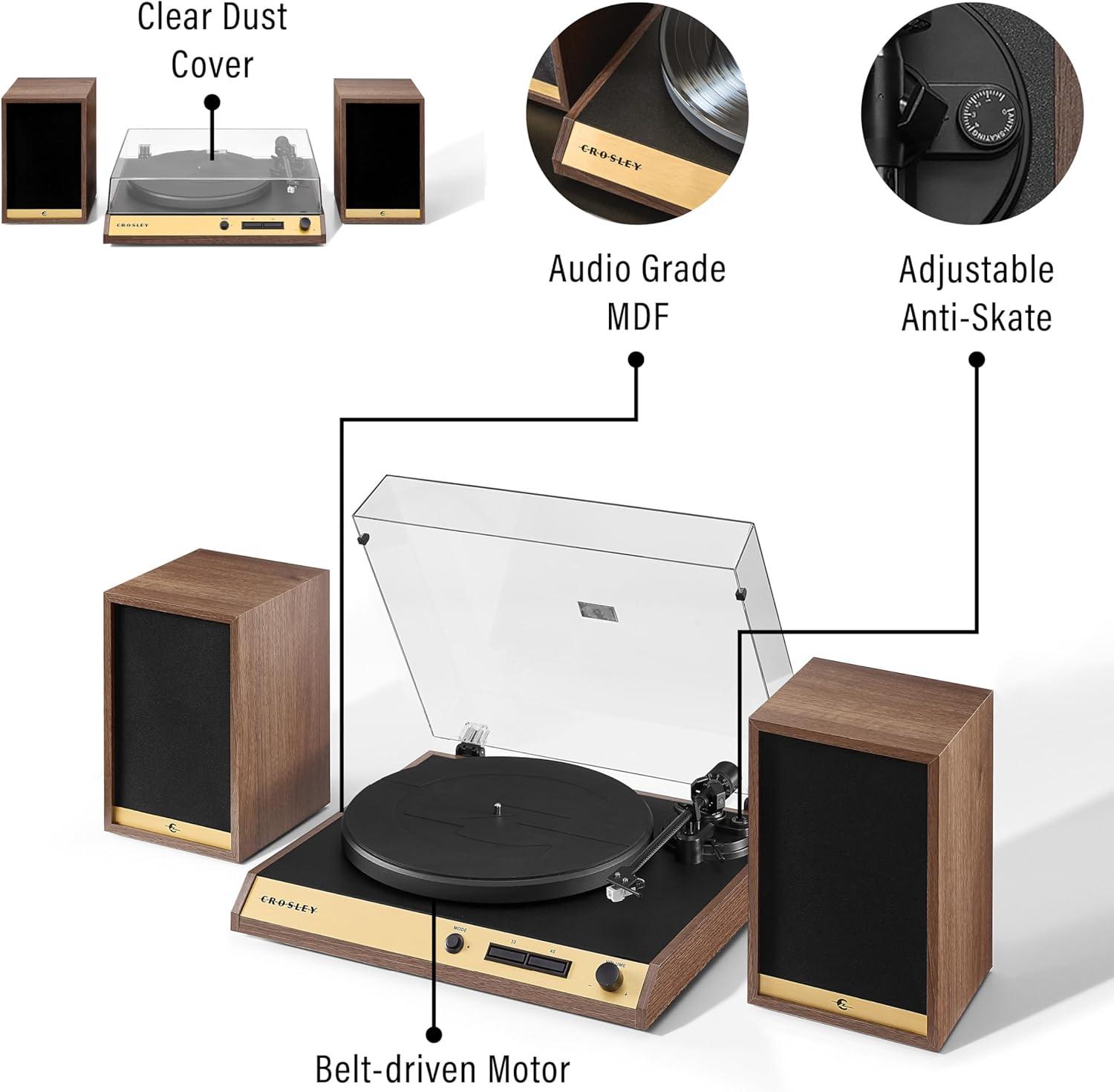 Crosley C72 Bluetooth Vinyl Record Player 120W Speakers, 2-Speed Belt-Drive Turntable, Anti-skate